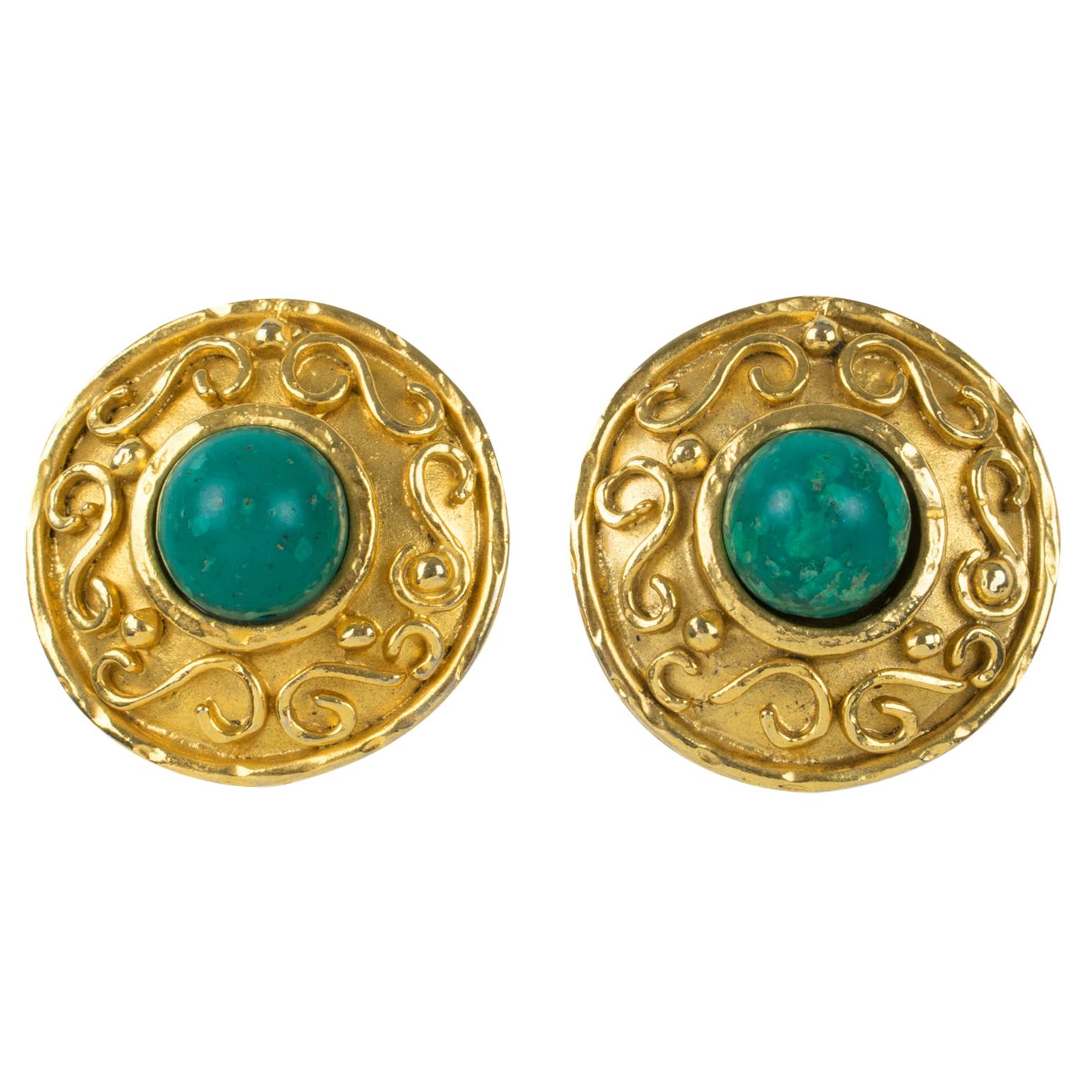 Edouard Rambaud Paris Clip Earrings with Turquoise Resin Cabochon For Sale