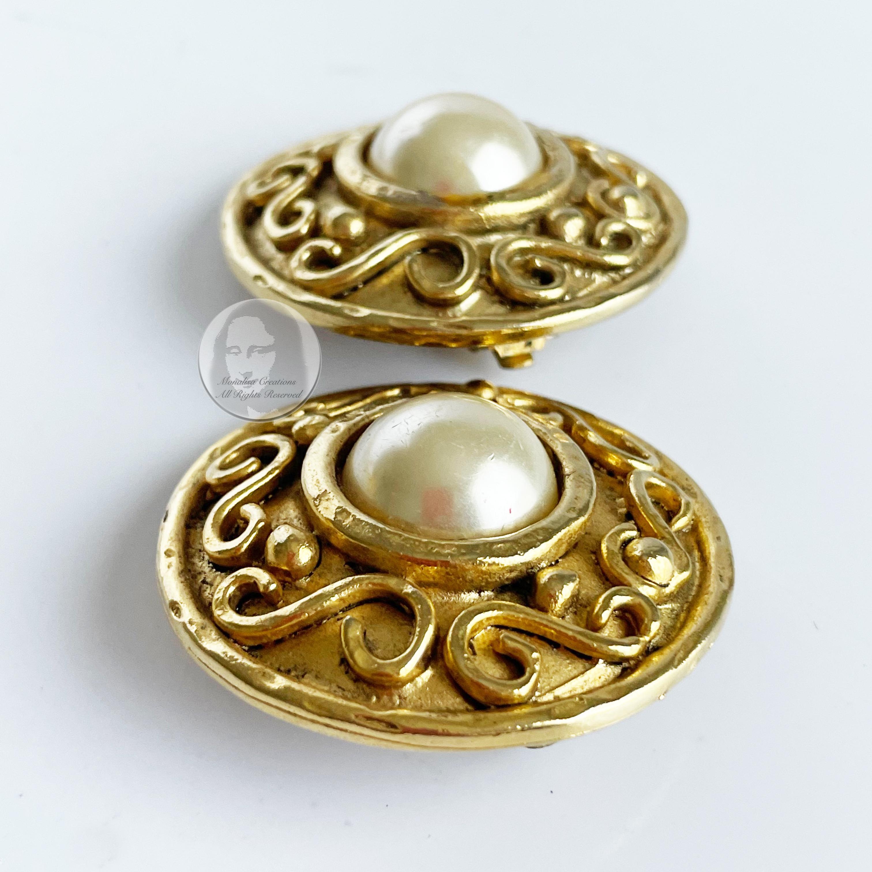 Edouard Rambaud Paris Earrings XL Round Etruscan Gold Metal Faux Pearl Vintage 5