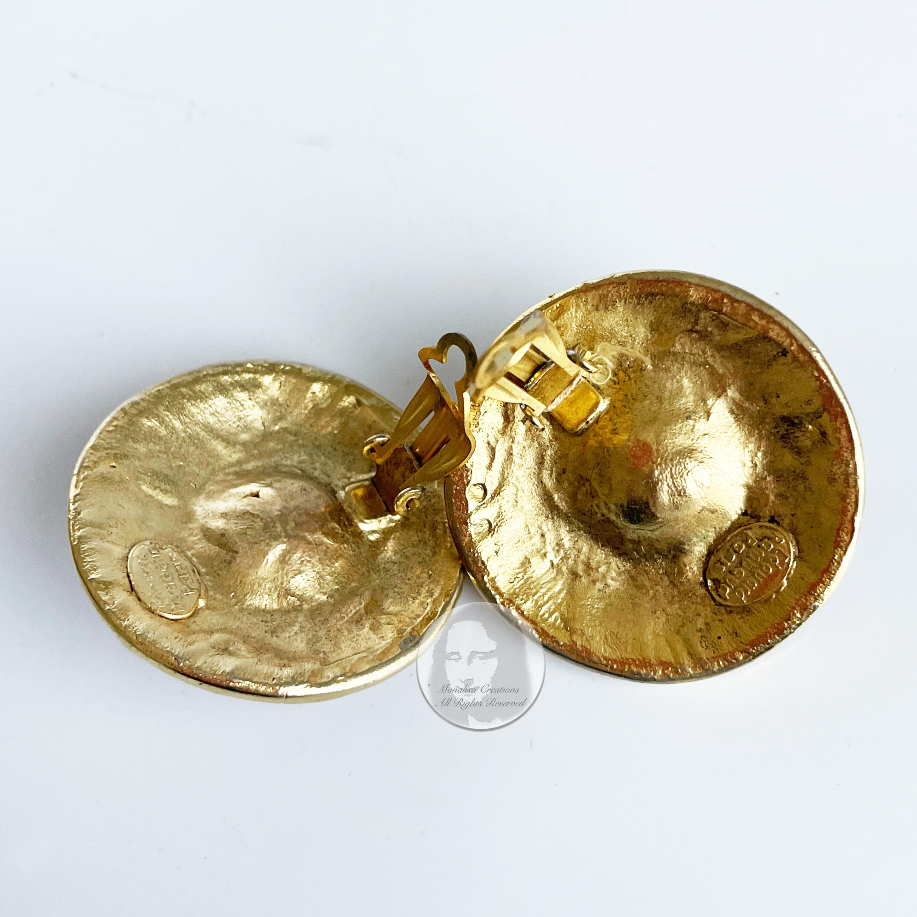 Edouard Rambaud Paris Earrings XL Round Etruscan Gold Metal Faux Pearl Vintage 6