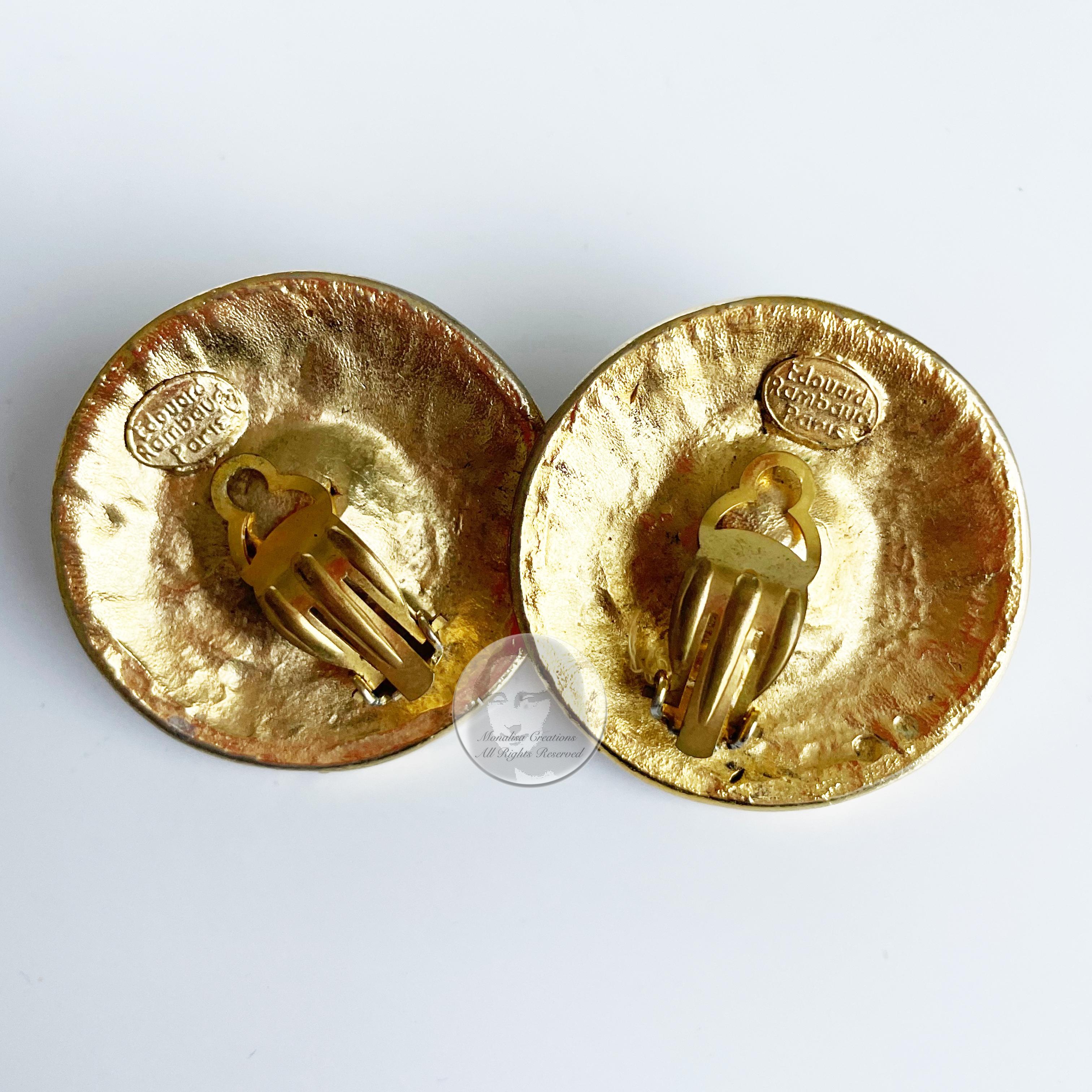 Edouard Rambaud Paris Earrings XL Round Etruscan Gold Metal Faux Pearl Vintage 7