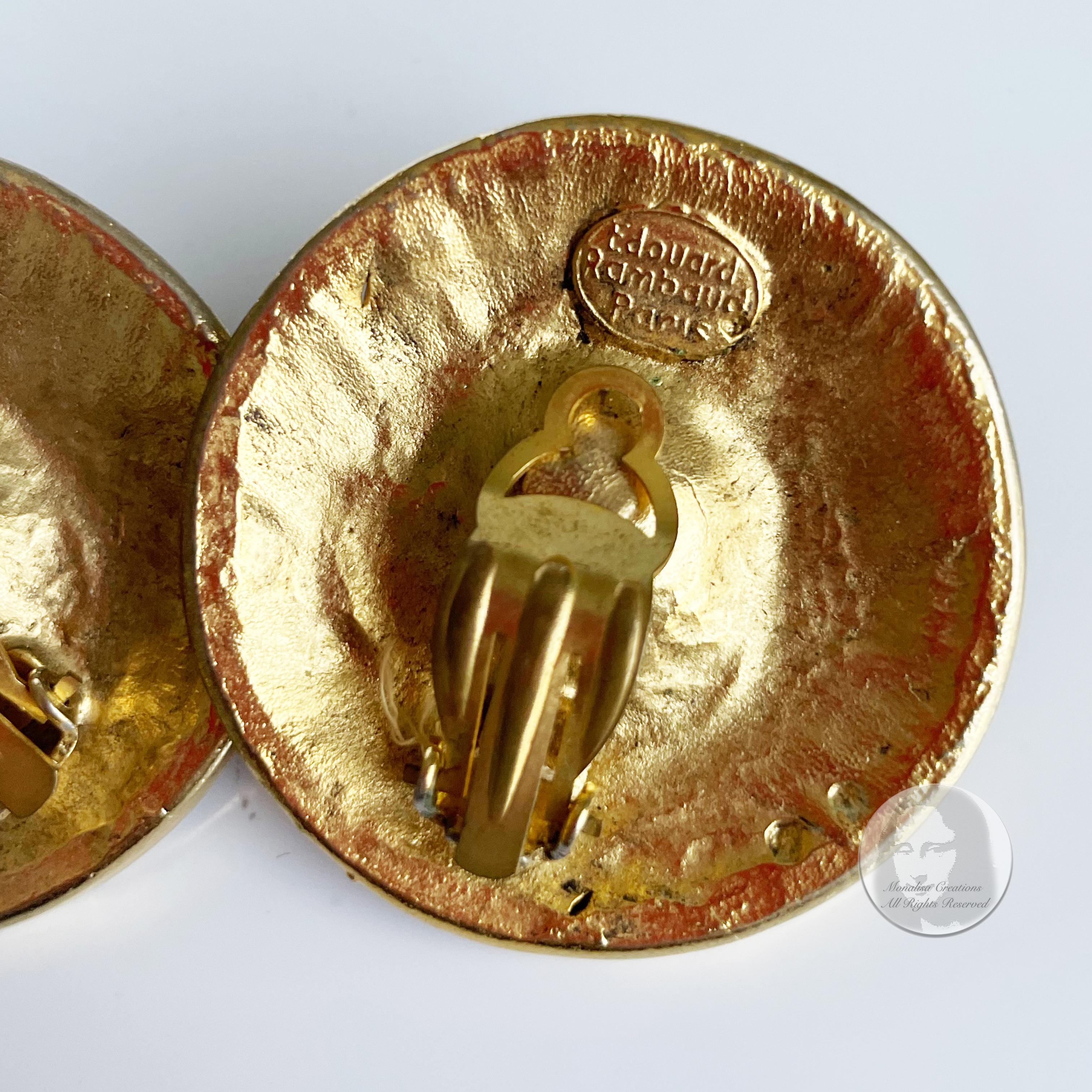 Edouard Rambaud Paris Earrings XL Round Etruscan Gold Metal Faux Pearl Vintage 8