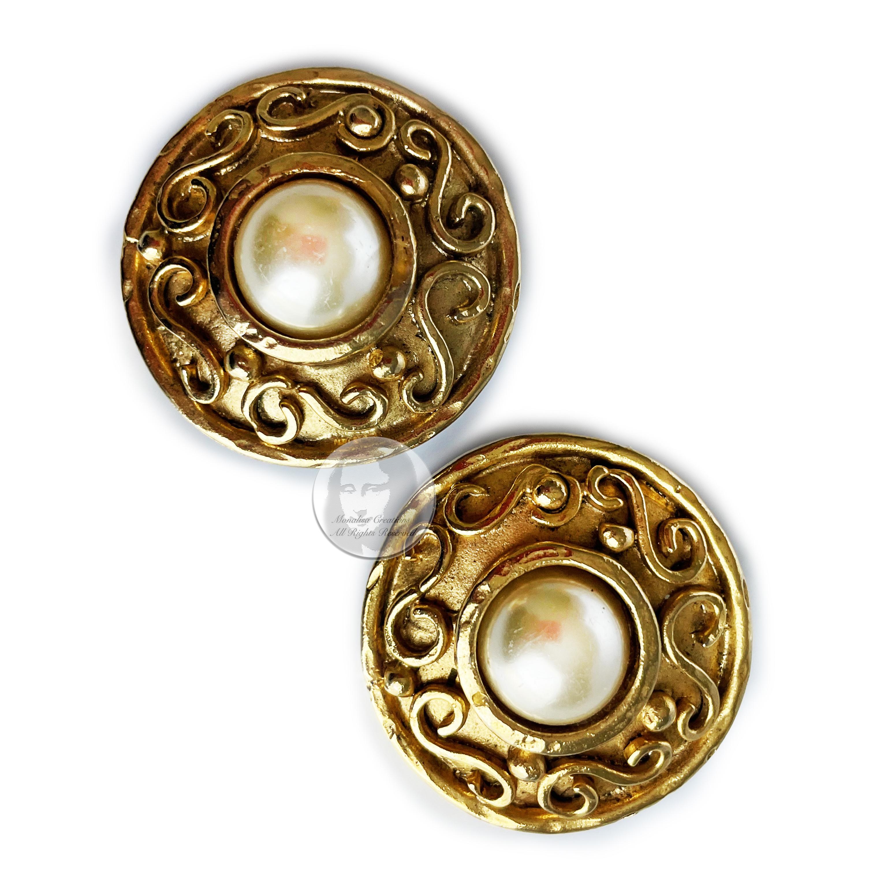 Etruscan Revival Edouard Rambaud Paris Earrings XL Round Etruscan Gold Metal Faux Pearl Vintage