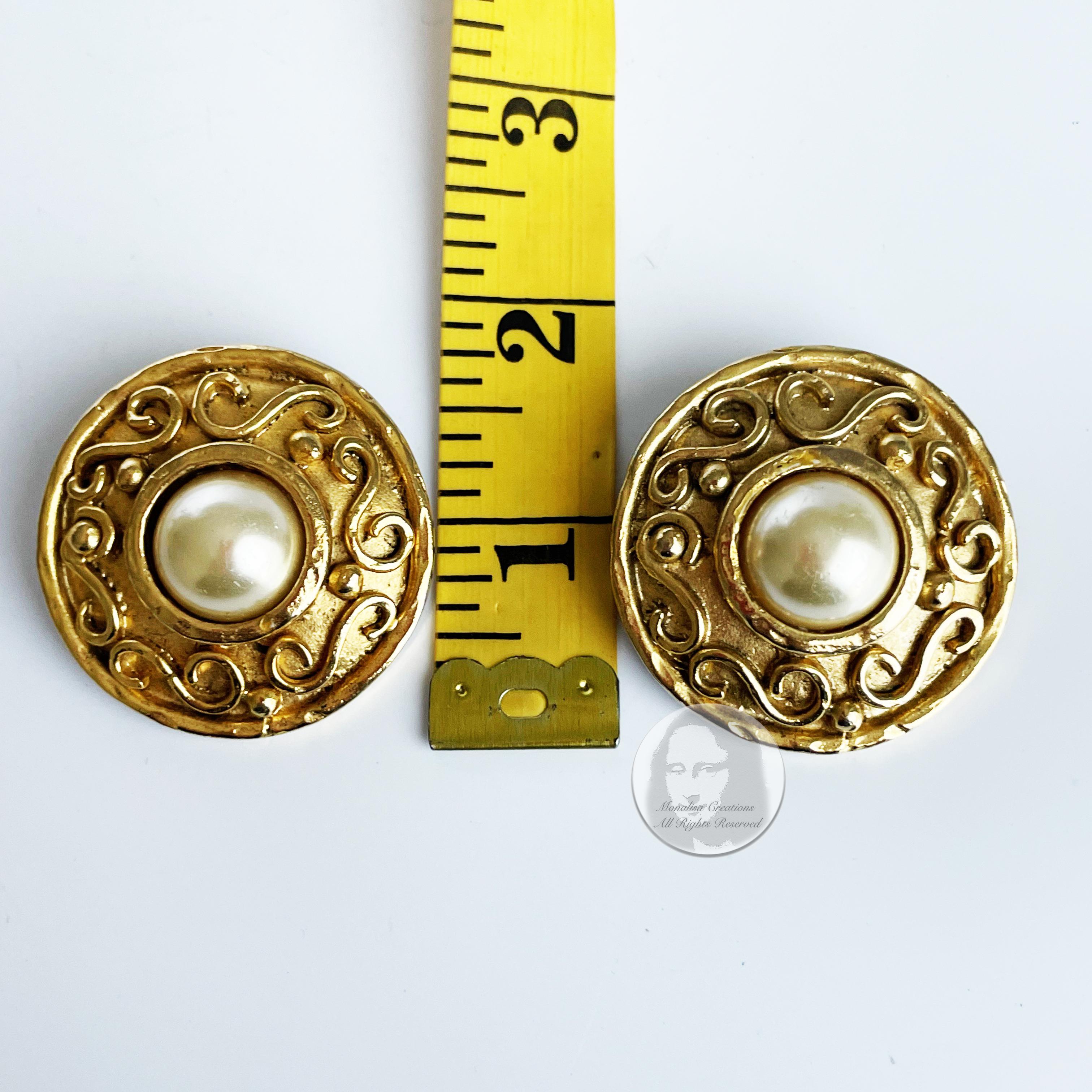 Women's or Men's Edouard Rambaud Paris Earrings XL Round Etruscan Gold Metal Faux Pearl Vintage