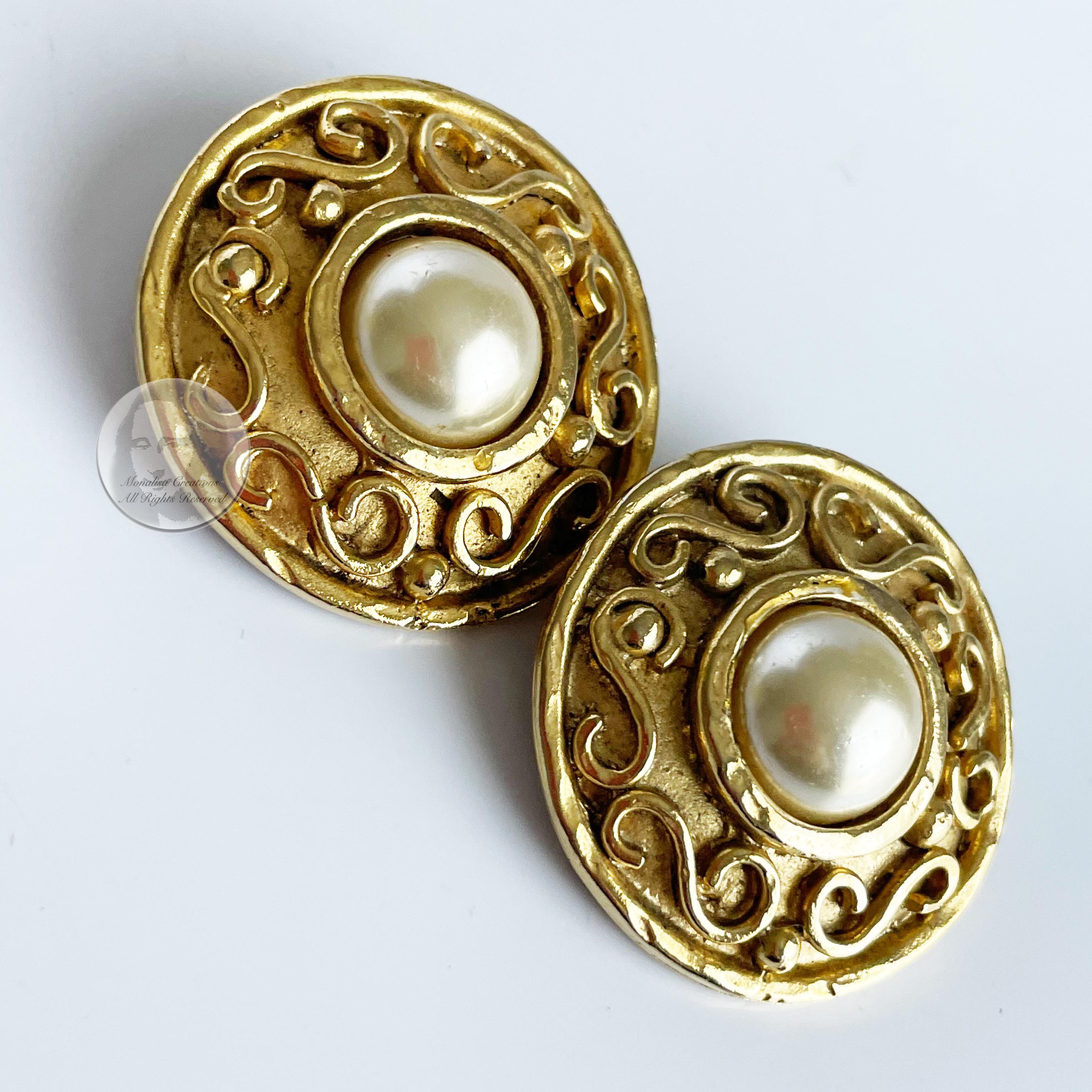 Edouard Rambaud Paris Earrings XL Round Etruscan Gold Metal Faux Pearl Vintage 1