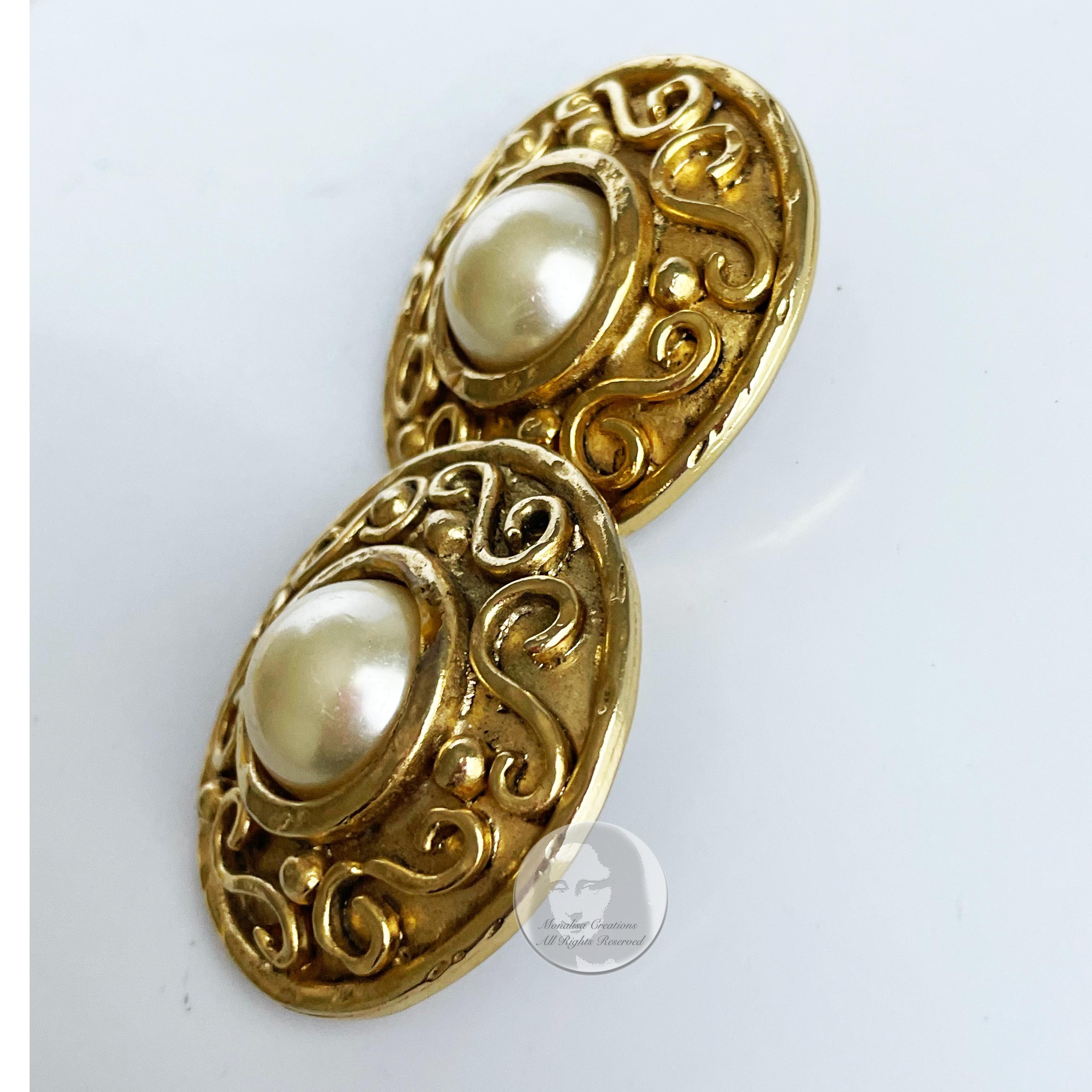 Edouard Rambaud Paris Earrings XL Round Etruscan Gold Metal Faux Pearl Vintage 2