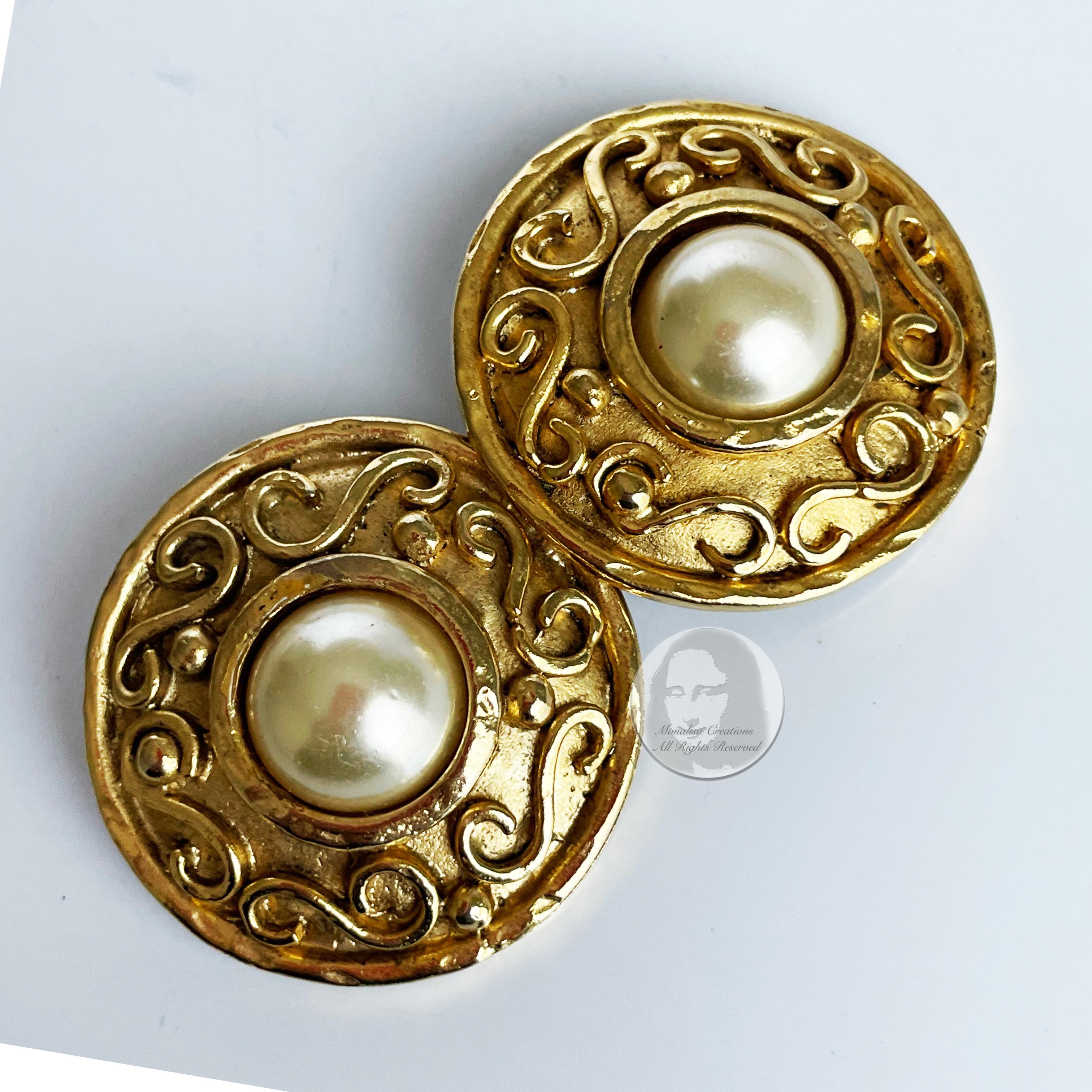 Edouard Rambaud Paris Earrings XL Round Etruscan Gold Metal Faux Pearl Vintage 3