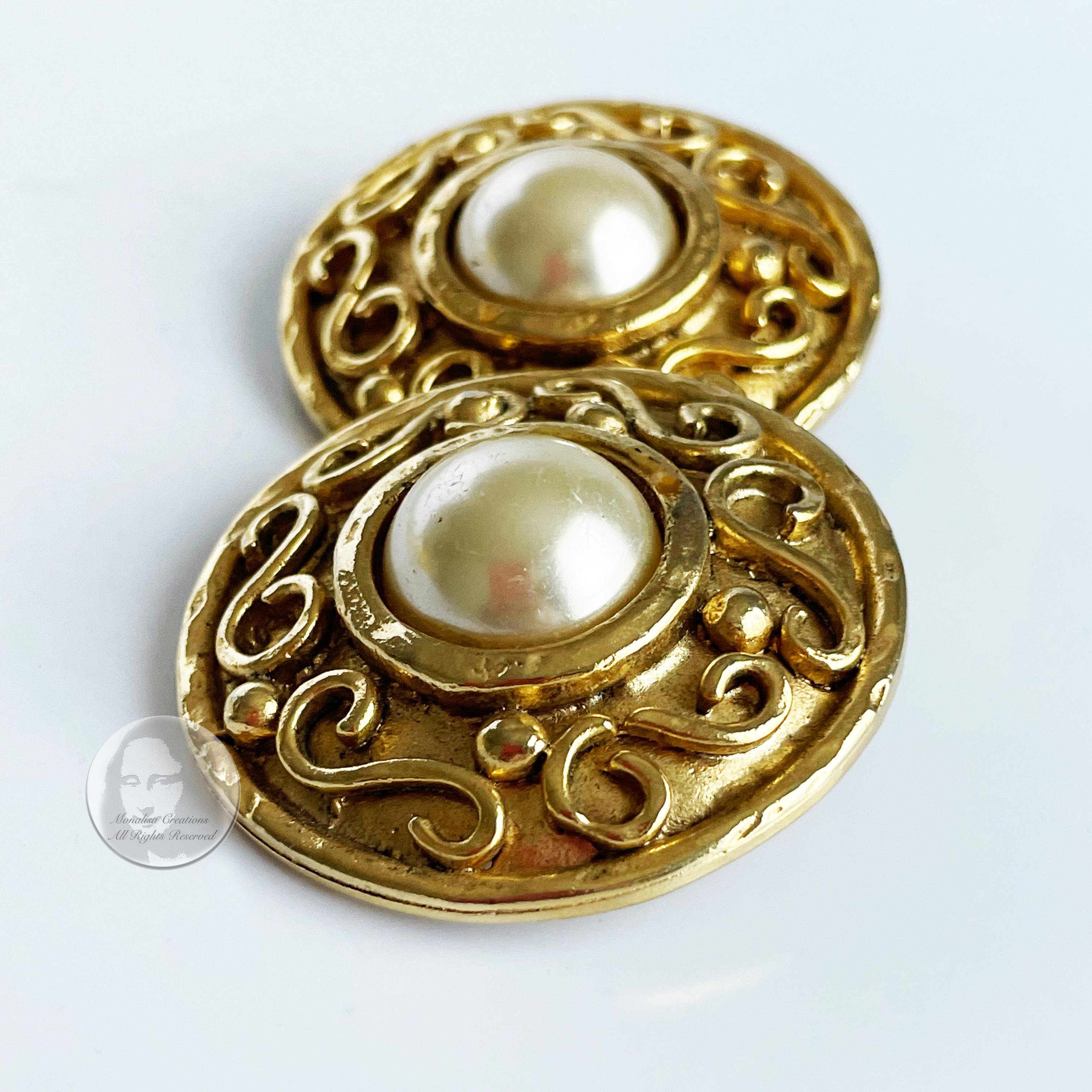 Edouard Rambaud Paris Earrings XL Round Etruscan Gold Metal Faux Pearl Vintage 4
