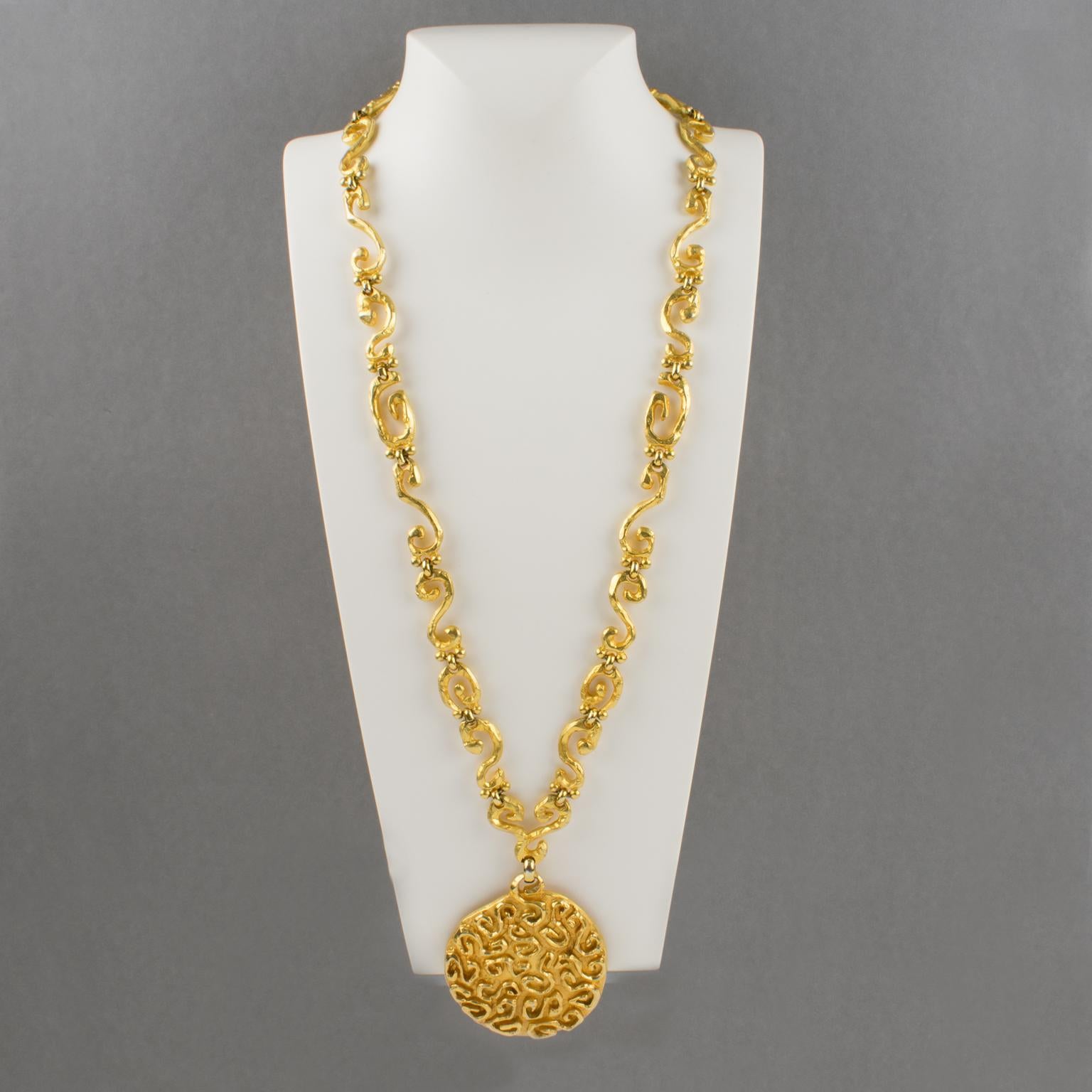 Byzantine Edouard Rambaud Paris Extra Long Gilt Metal Pendant Necklace For Sale