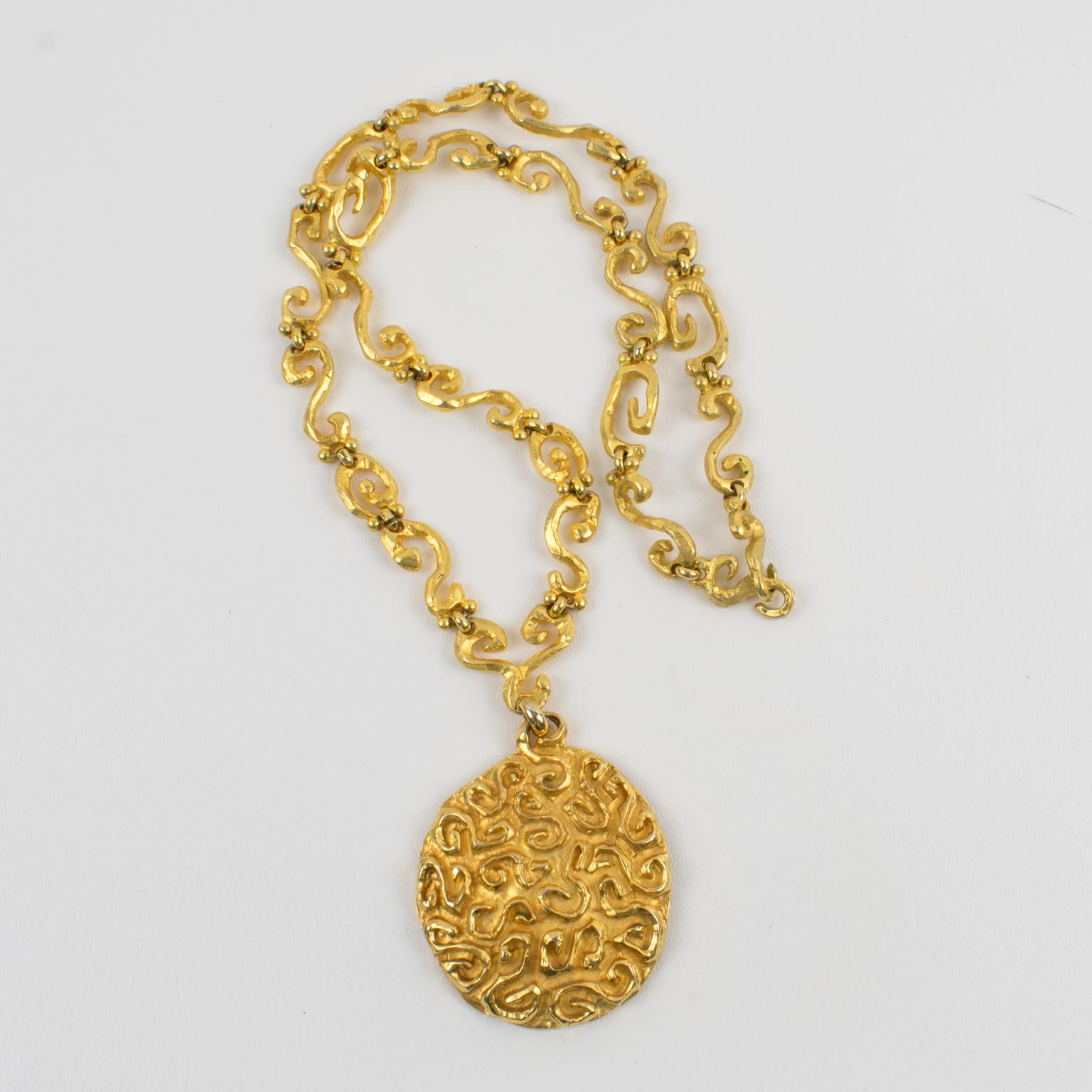 Edouard Rambaud Paris Extra Long Gilt Metal Pendant Necklace In Good Condition For Sale In Atlanta, GA