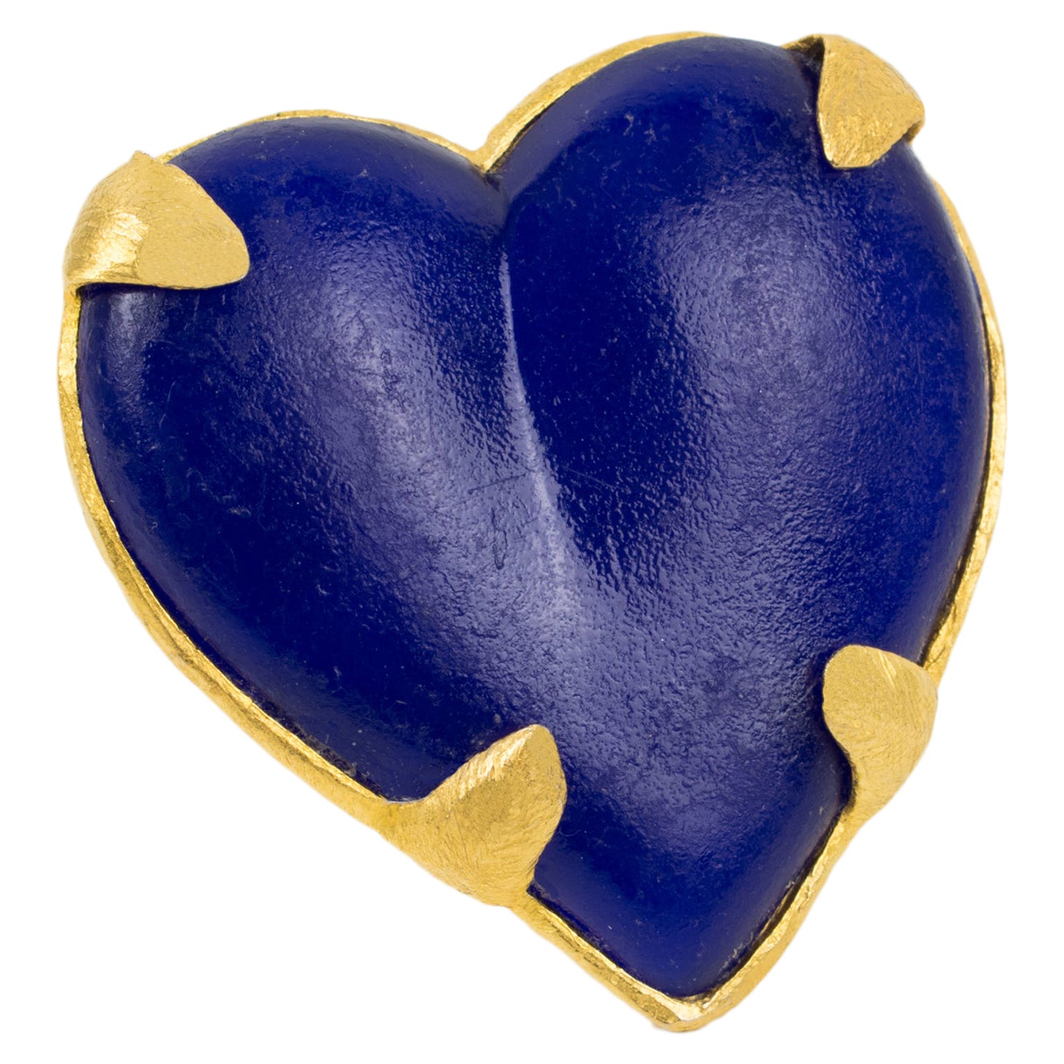 Edouard Rambaud Paris Gilt Metal and Cobalt Blue Resin Heart Pin Brooch For Sale