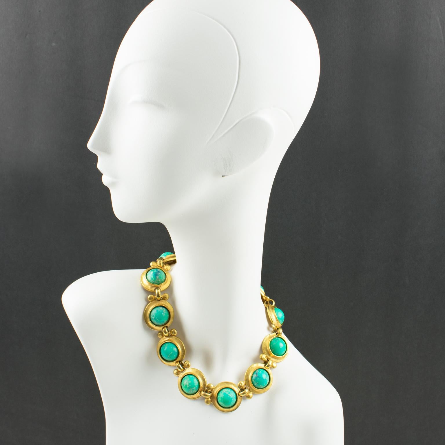 Stunning Edouard Rambaud Paris choker necklace. Dimensional link medallion design featuring gilt metal framing with mat finish aspect, topped with turquoise-like resin cabochon. Signed at the back of each element by this well-known French Designer.