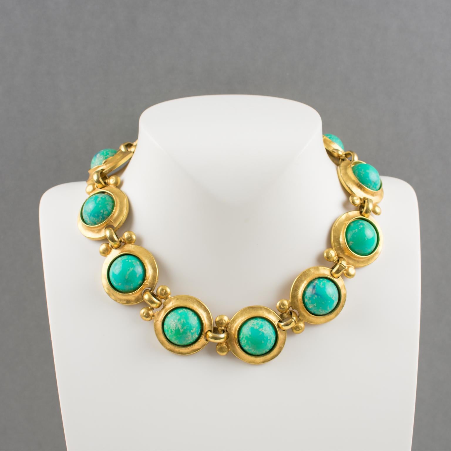 Edouard Rambaud Paris Signed Choker Necklace Gilt Metal and Turquoise Cabochon In Excellent Condition In Atlanta, GA