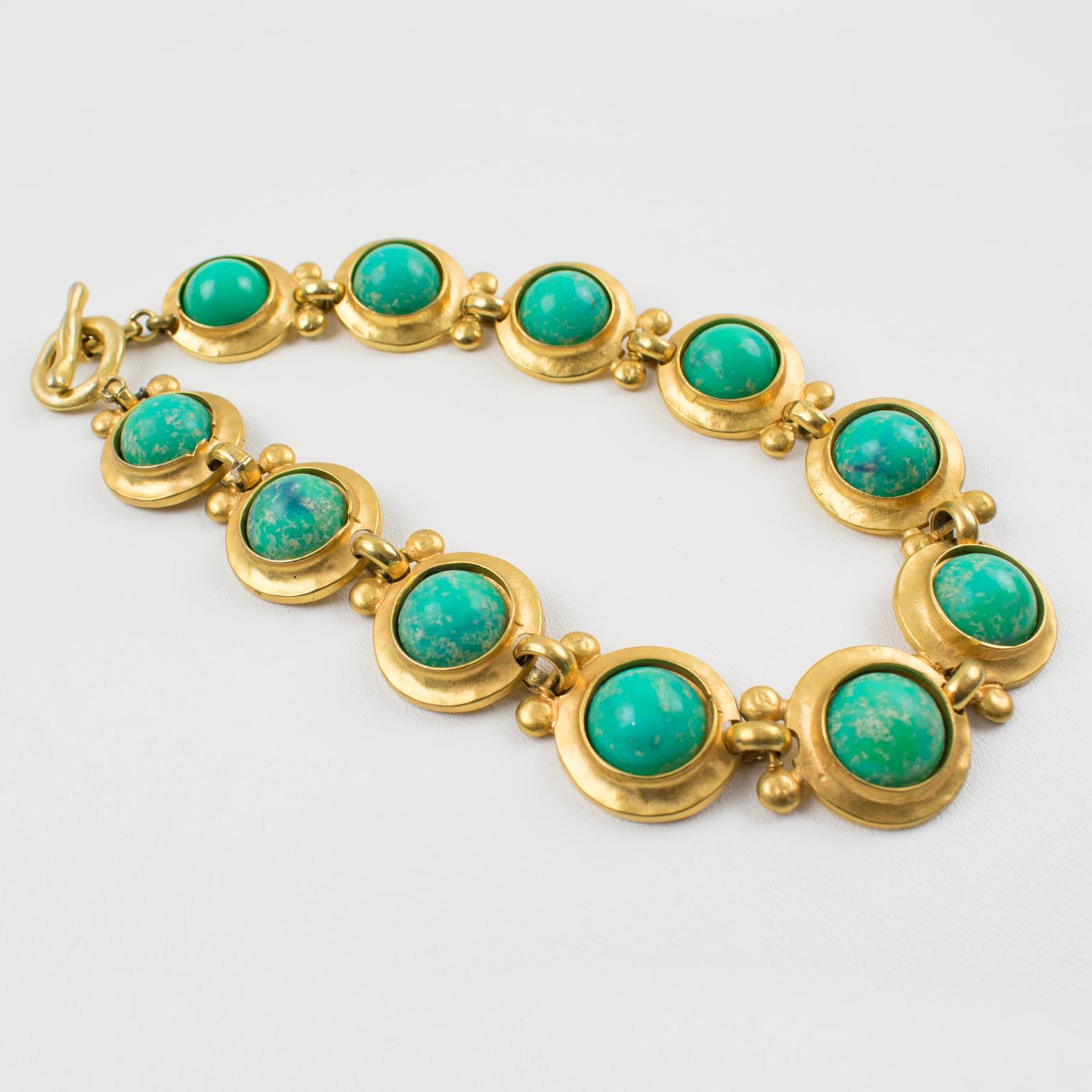 Women's or Men's Edouard Rambaud Paris Signed Choker Necklace Gilt Metal and Turquoise Cabochon