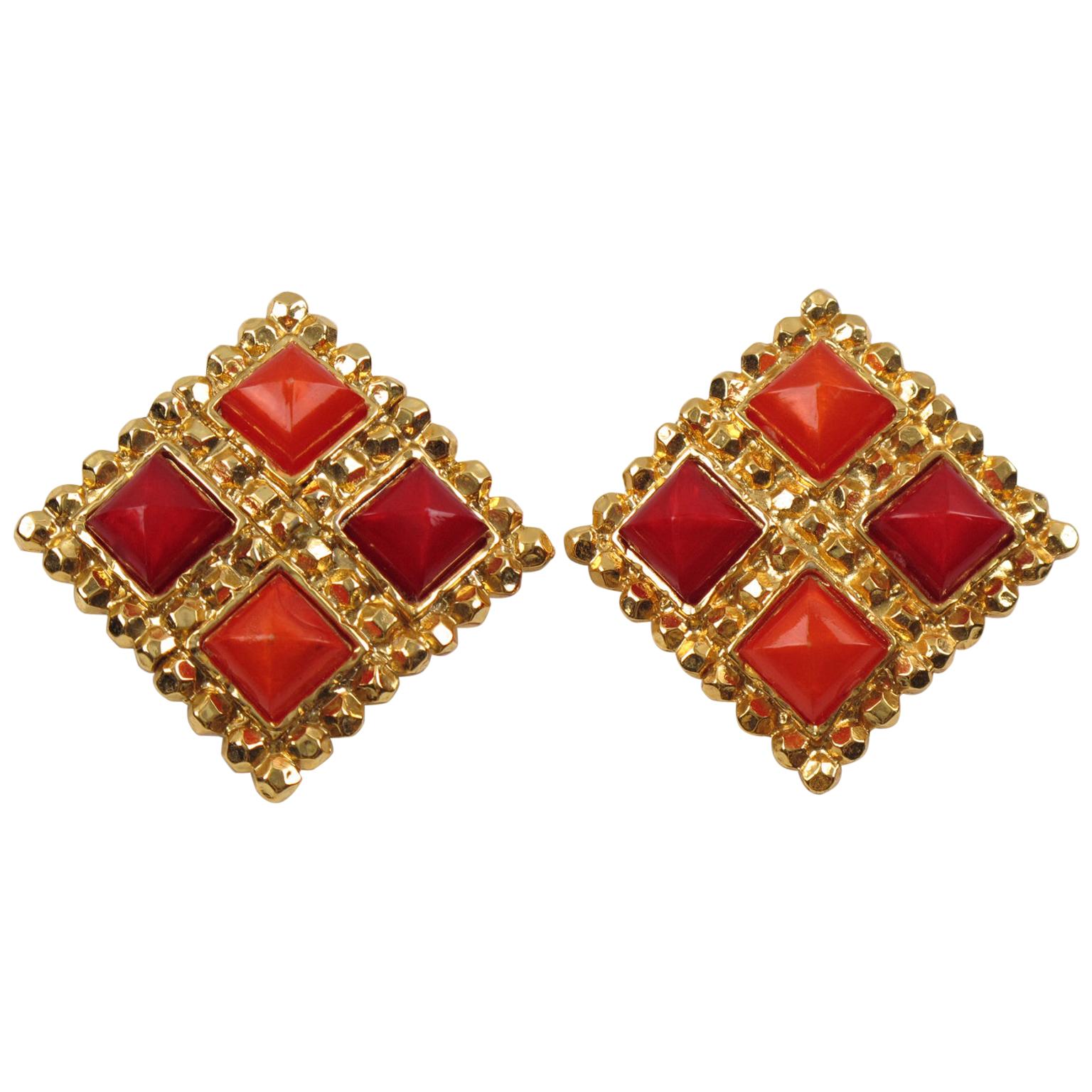Edouard Rambaud Red Orange Clip Earrings