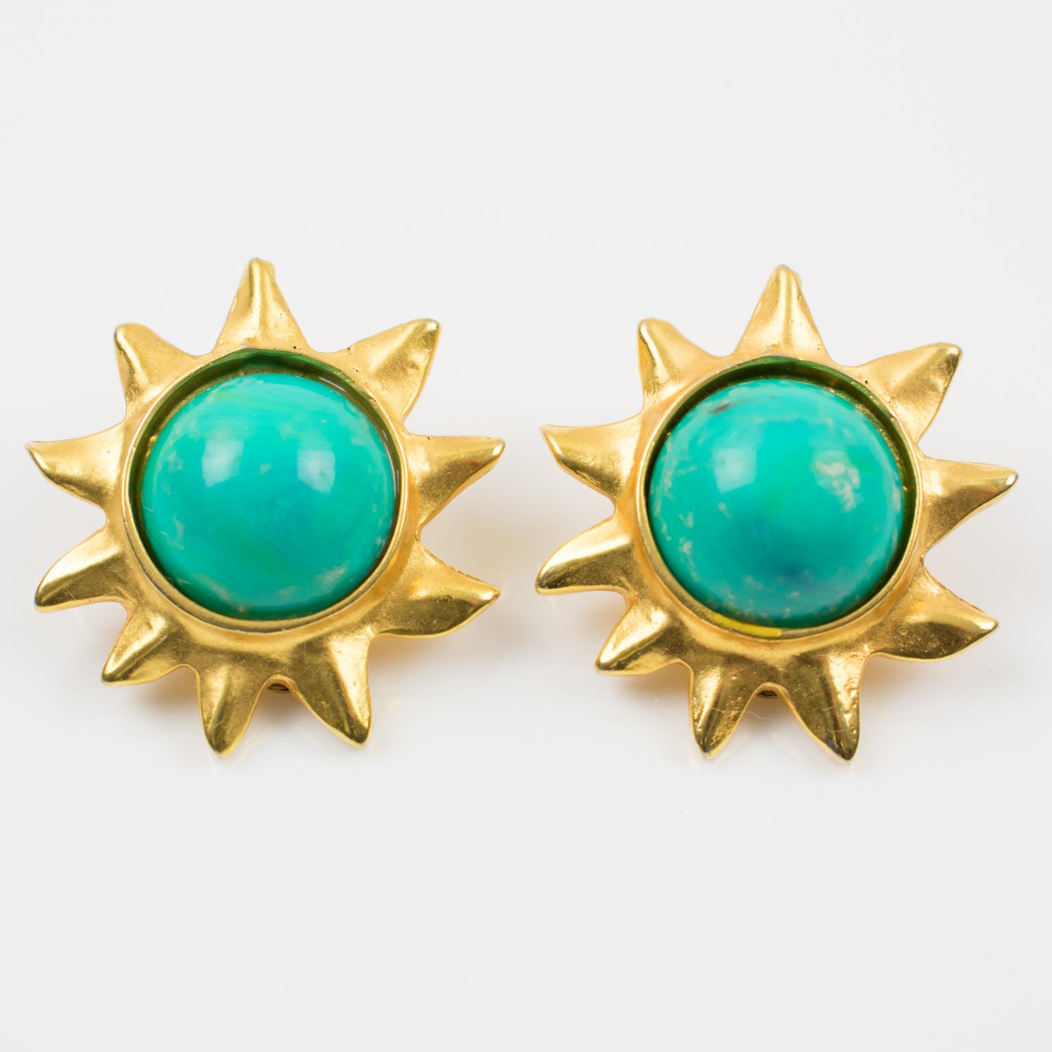 Edouard Rambaud Turquoise Sun Clip Earrings In Excellent Condition In Atlanta, GA