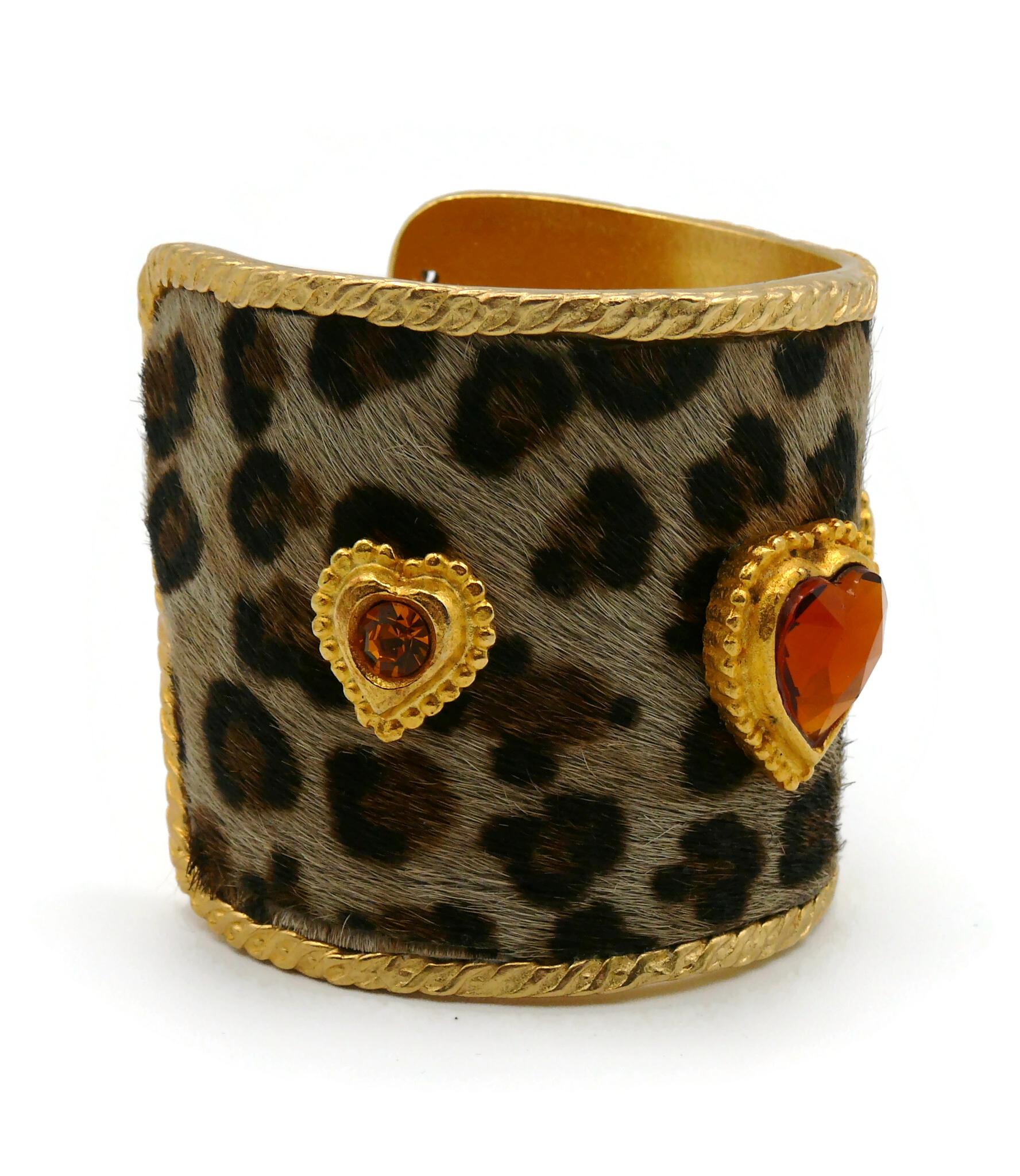 Women's Edouard Rambaud Vintage Faux Leopard and Hearts Cuff Bracelet For Sale