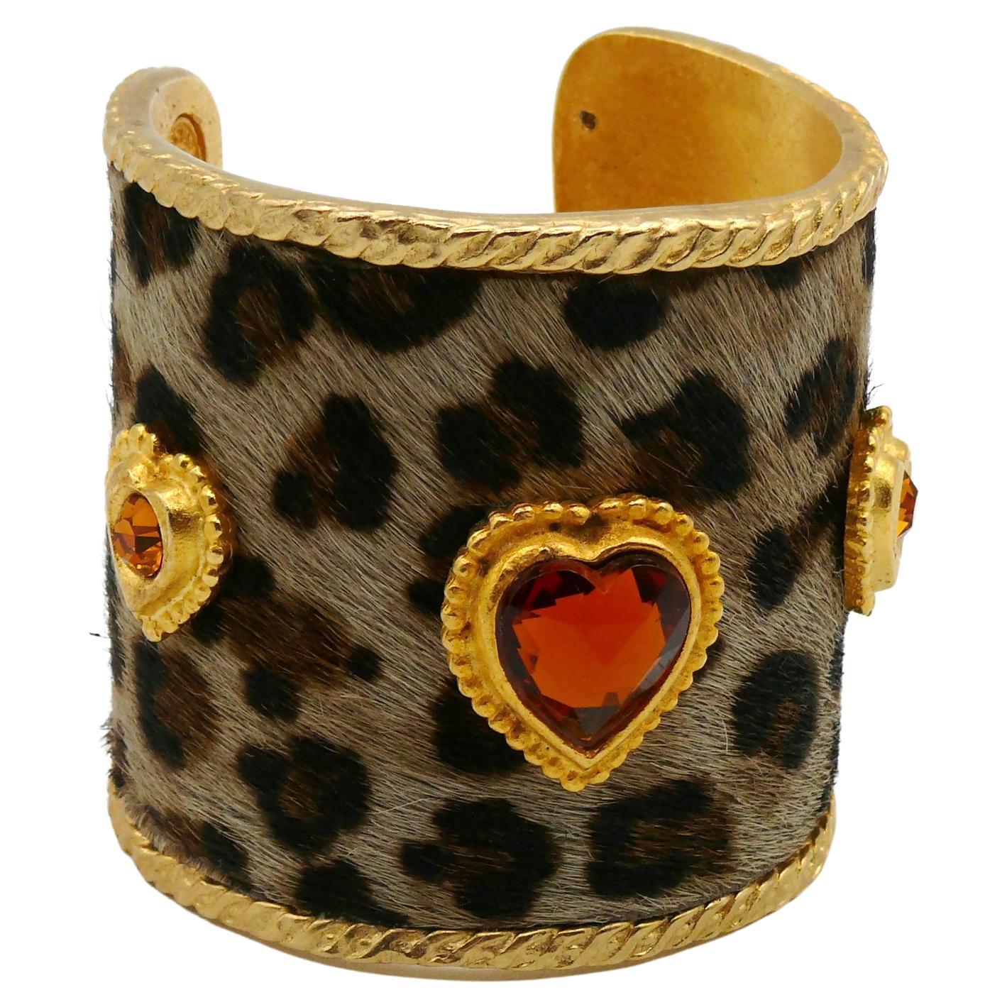 Edouard Rambaud Vintage Faux Leopard and Hearts Cuff Bracelet