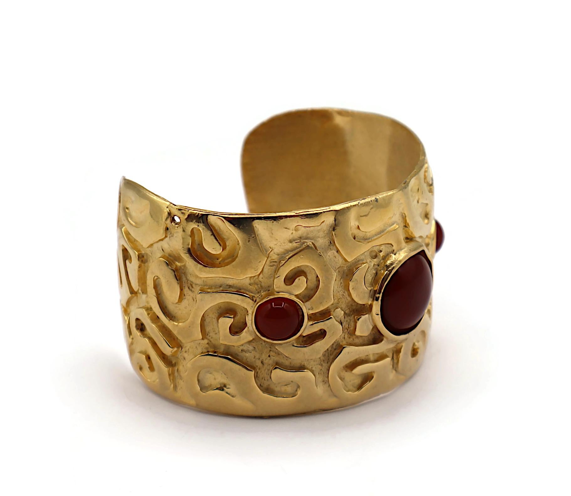 EDOUARD RAMBAUD Vintage Gold Tone Glass Cabochons Cuff Bracelet For Sale 7