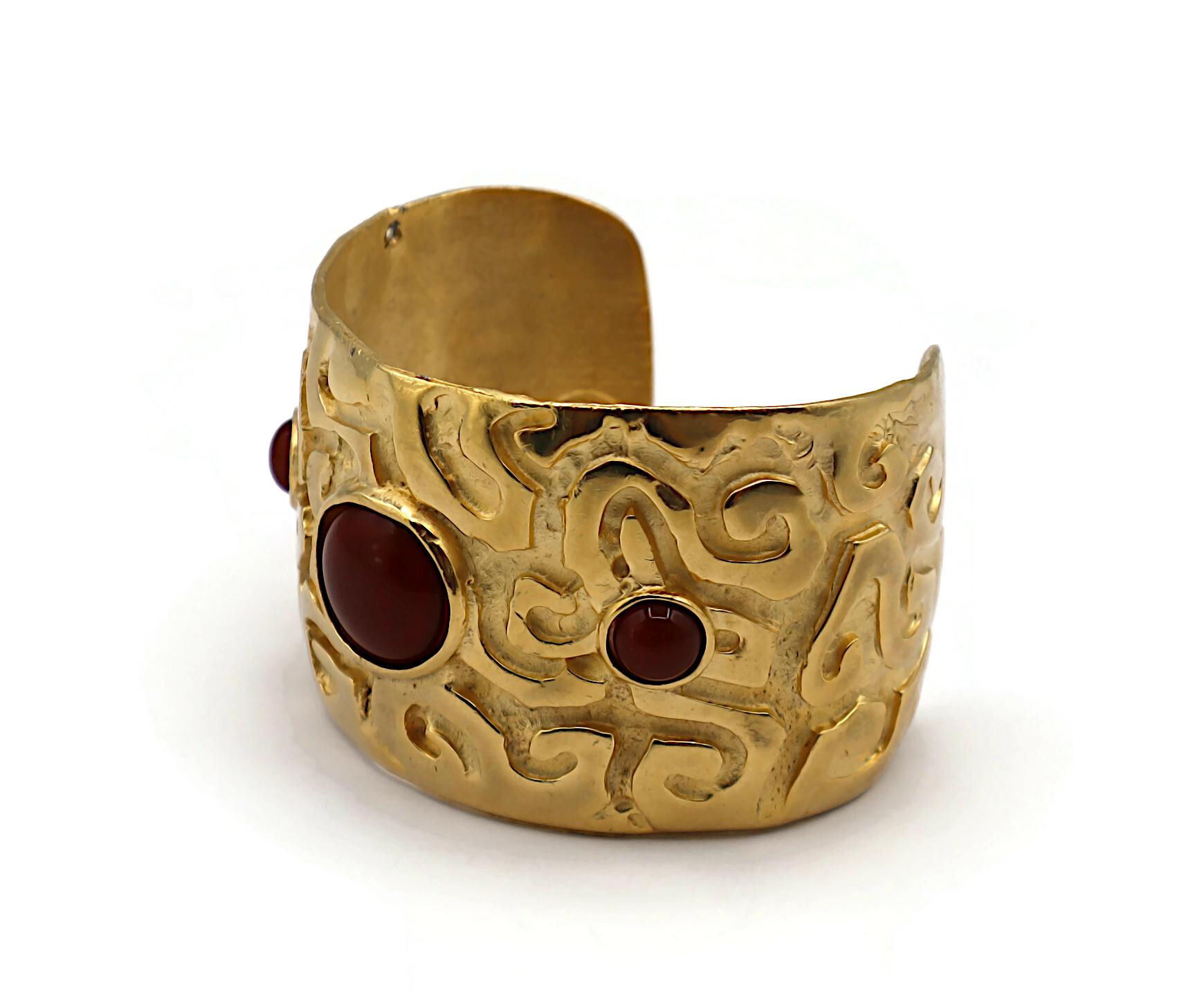 EDOUARD RAMBAUD Vintage Gold Tone Glass Cabochons Cuff Bracelet For Sale 1