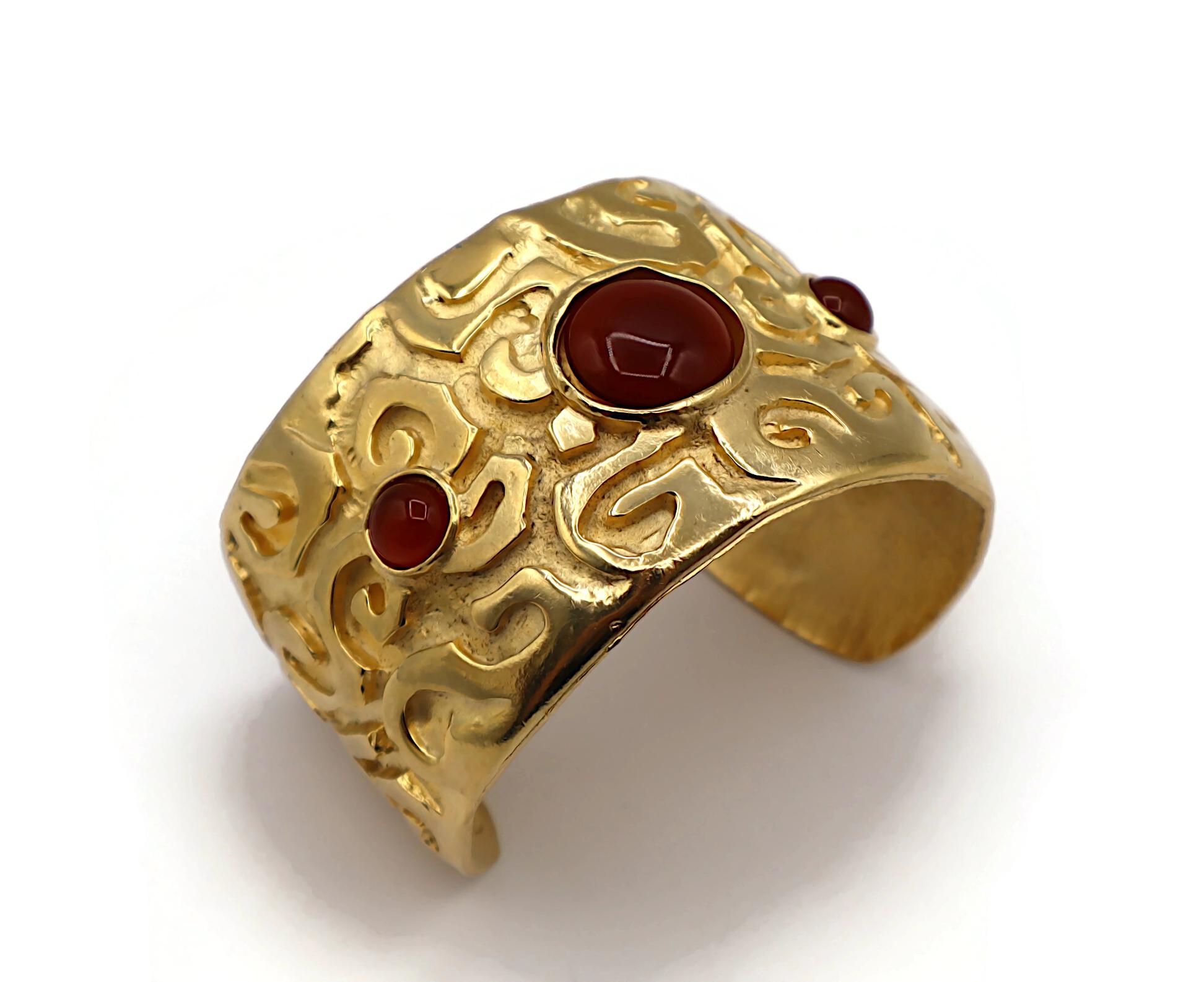 EDOUARD RAMBAUD Vintage Gold Tone Glass Cabochons Cuff Bracelet For Sale 2