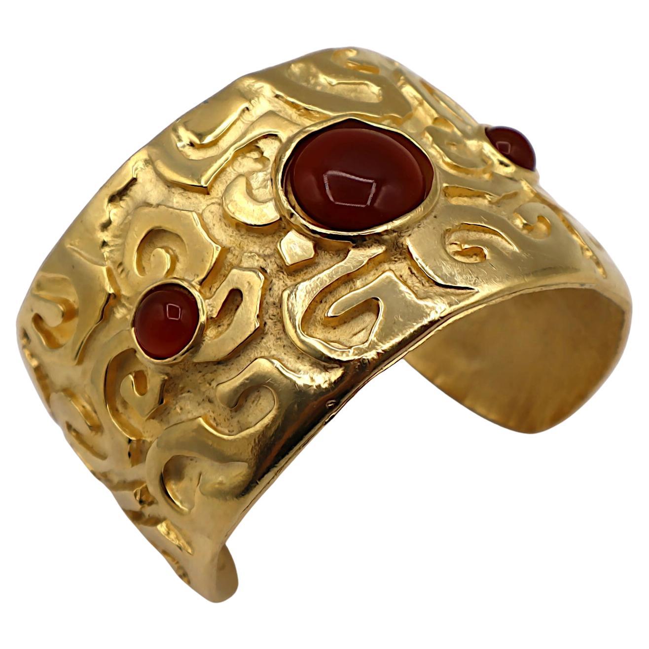EDOUARD RAMBAUD Vintage Gold Tone Glass Cabochons Cuff Bracelet For Sale
