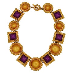 EDOUARD RAMBAUD Vintage Gold Tone & Resin Cabochons Necklace