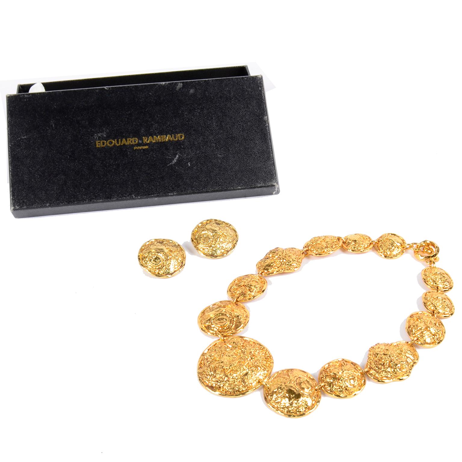 Edouard Rambaud Vintage Gold Tone Textured Statement Necklace & Earrings w Box 4
