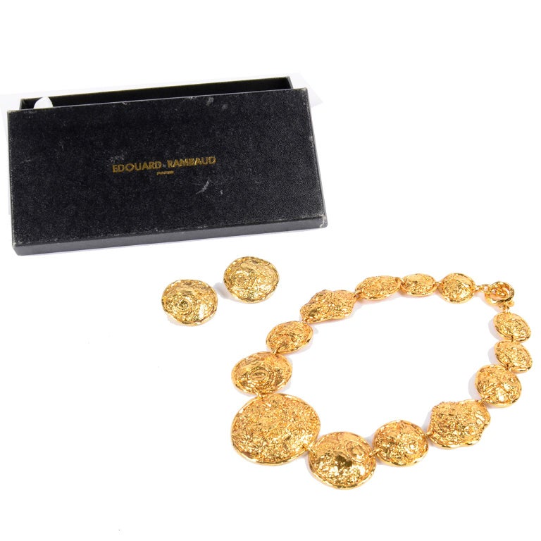 Edouard Rambaud Vintage Gold Tone Textured Statement Necklace and Earrings  w Box For Sale at 1stDibs | edouard rambaud trinket box, edouard rambaud  jewelry, edouard rambaud earrings