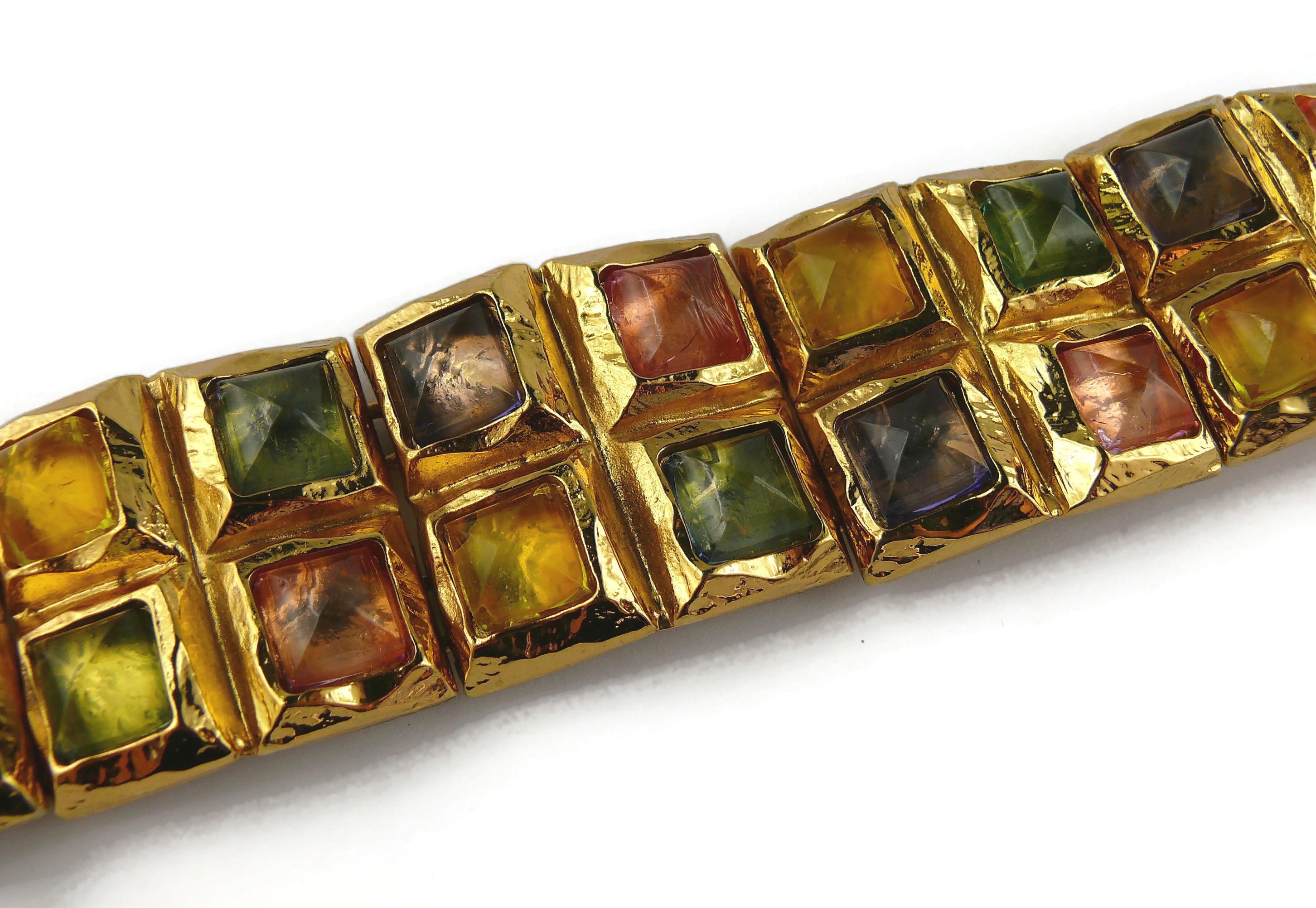 Edouard Rambaud Vintage Gold Toned Resin Cabochons Articulated Cuff Bracelet In Fair Condition For Sale In Nice, FR