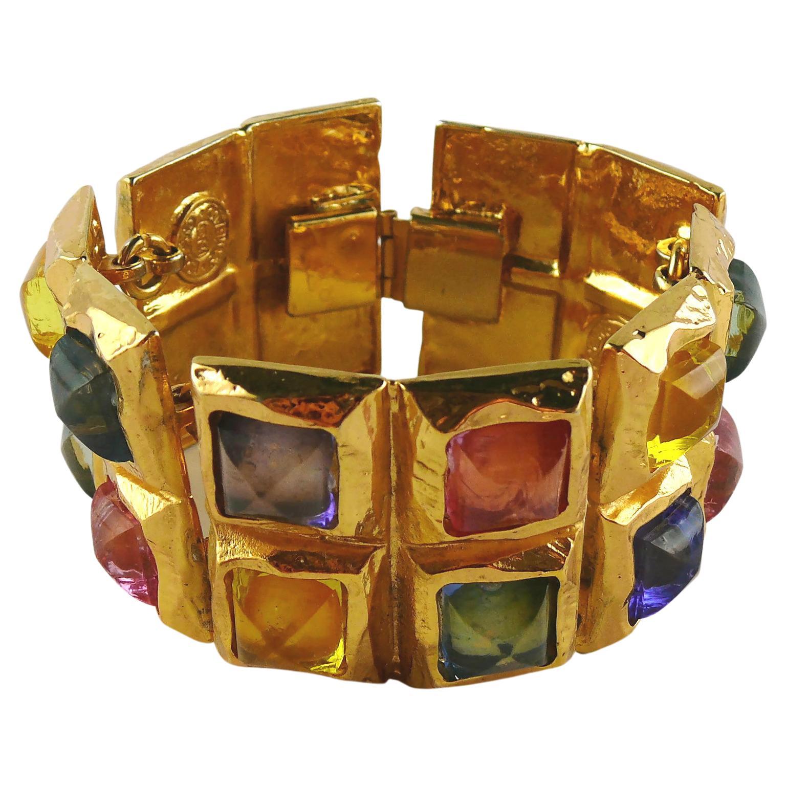 Edouard Rambaud Vintage Gold Toned Resin Cabochons Articulated Cuff Bracelet For Sale