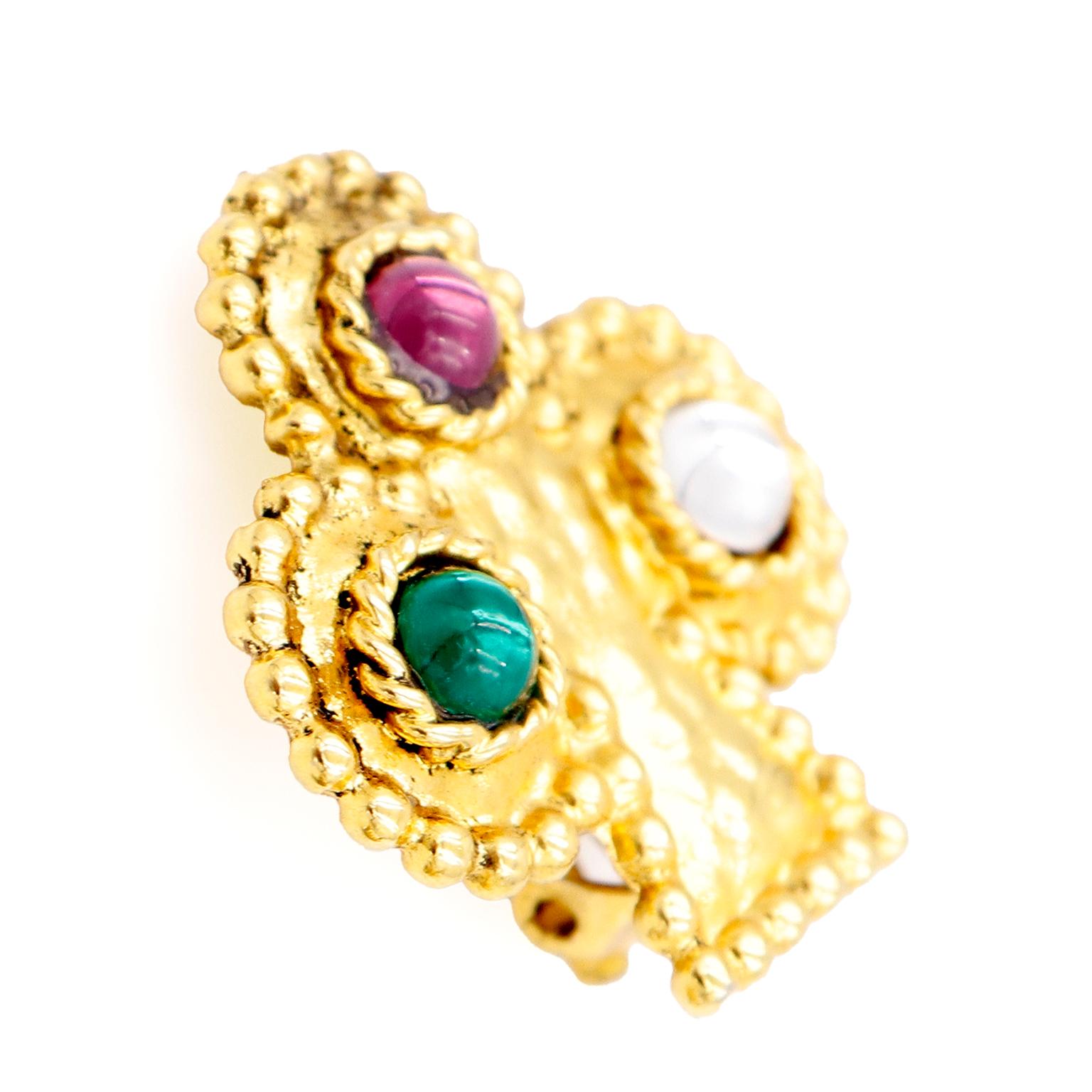 Women's Edouard Rambaud Vintage Hammered Gold Clubs Earrings w Colorful Stones For Sale