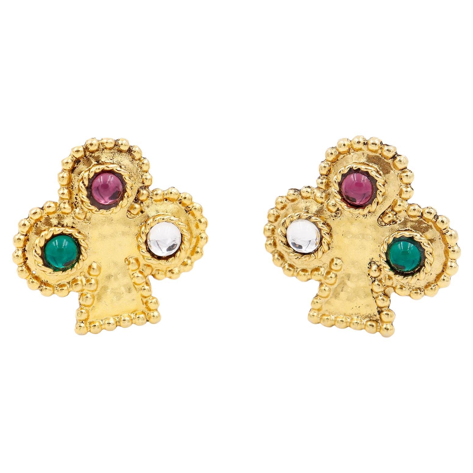 Edouard Rambaud Vintage Hammered Gold Clubs Earrings w Colorful Stones For Sale