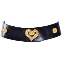 Edouard Rambaud Vintage Leather Belt with Rhinestone Gold Hearts