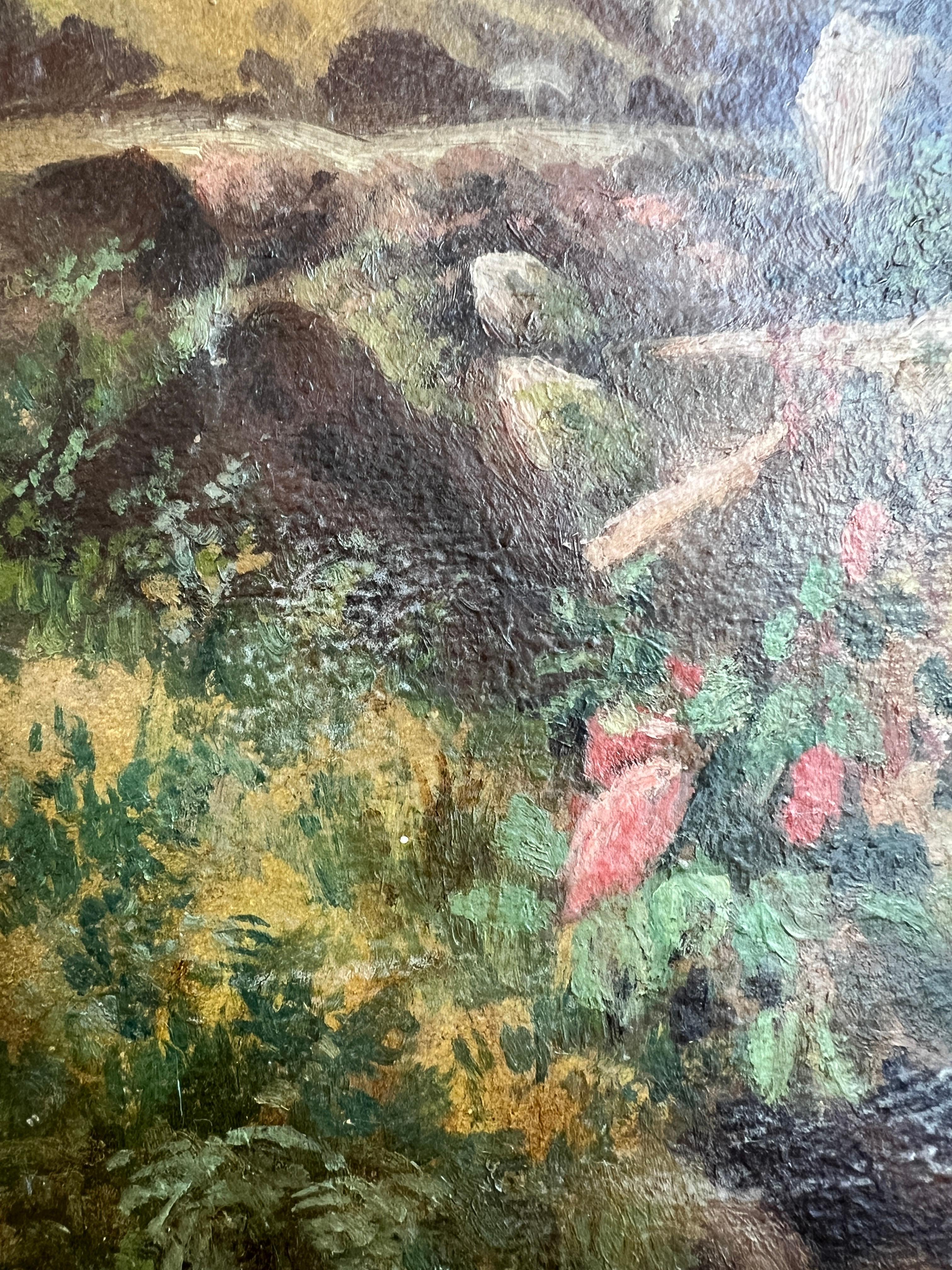 Work on canvas Swiss lanscape
Golden wooden frame
42.5 x 55 x 4 cm
This splendid painting is an ode to the magnificence of nature. Dominated by a palette of lush greens and deep blues, it captures the serenity of a mountain landscape with almost