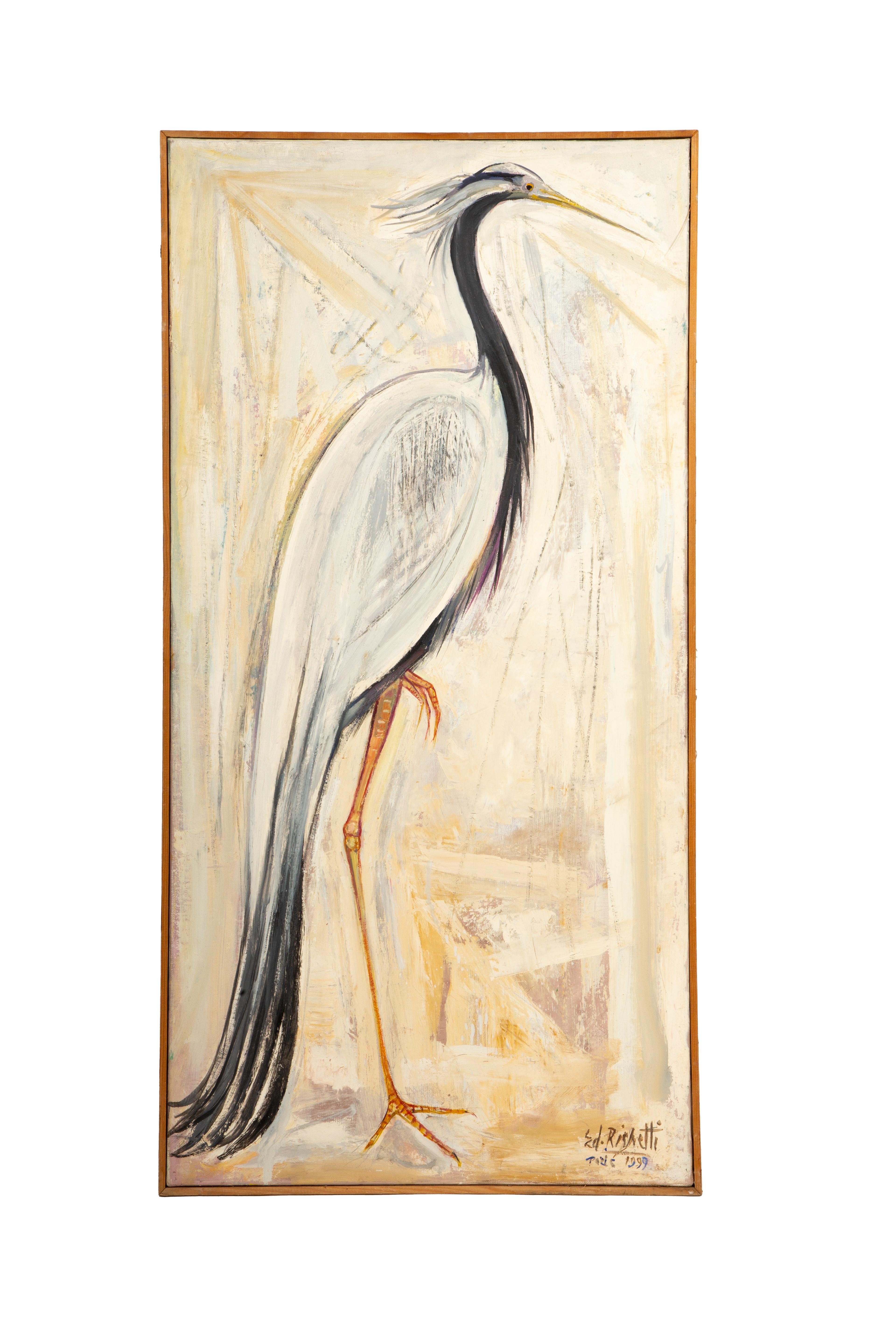 Édouard Righetti (1924–2001), a French painter and printmaker from Menton, was celebrated for his expressive and textured depictions of animals and nature. His 1999 oil painting *Le Héron* (*The Heron*) measures approximately 39.4 x 19.7 inches (100