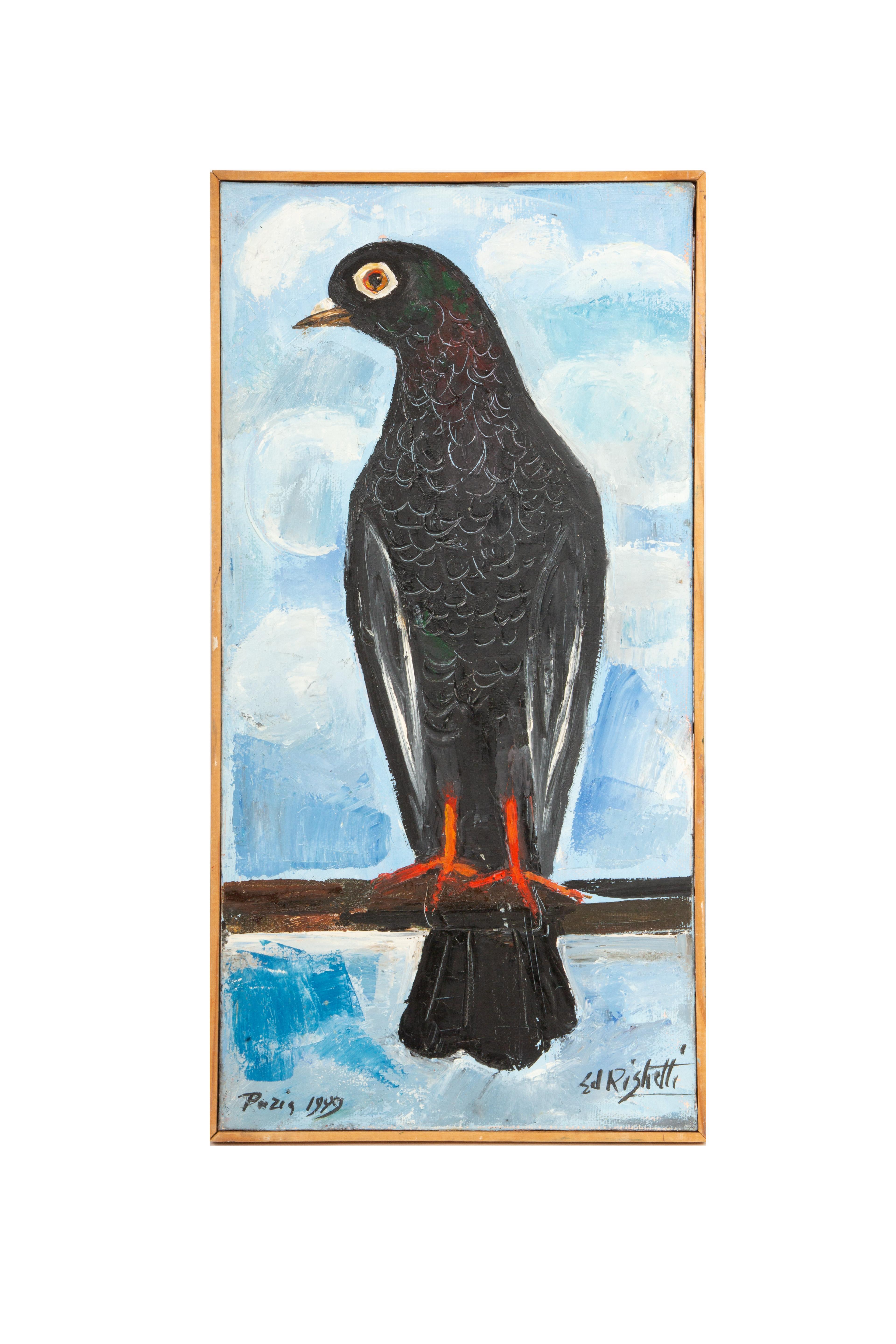 Édouard Righetti (1924-2001), pittore e stampatore francese nato a Mentone, era noto per le sue opere espressive e colorate che spesso raffiguravano animali, paesaggi e scene urbane. Il suo dipinto a olio del 1999 Pigeon Noir (Piccione Nero) misura