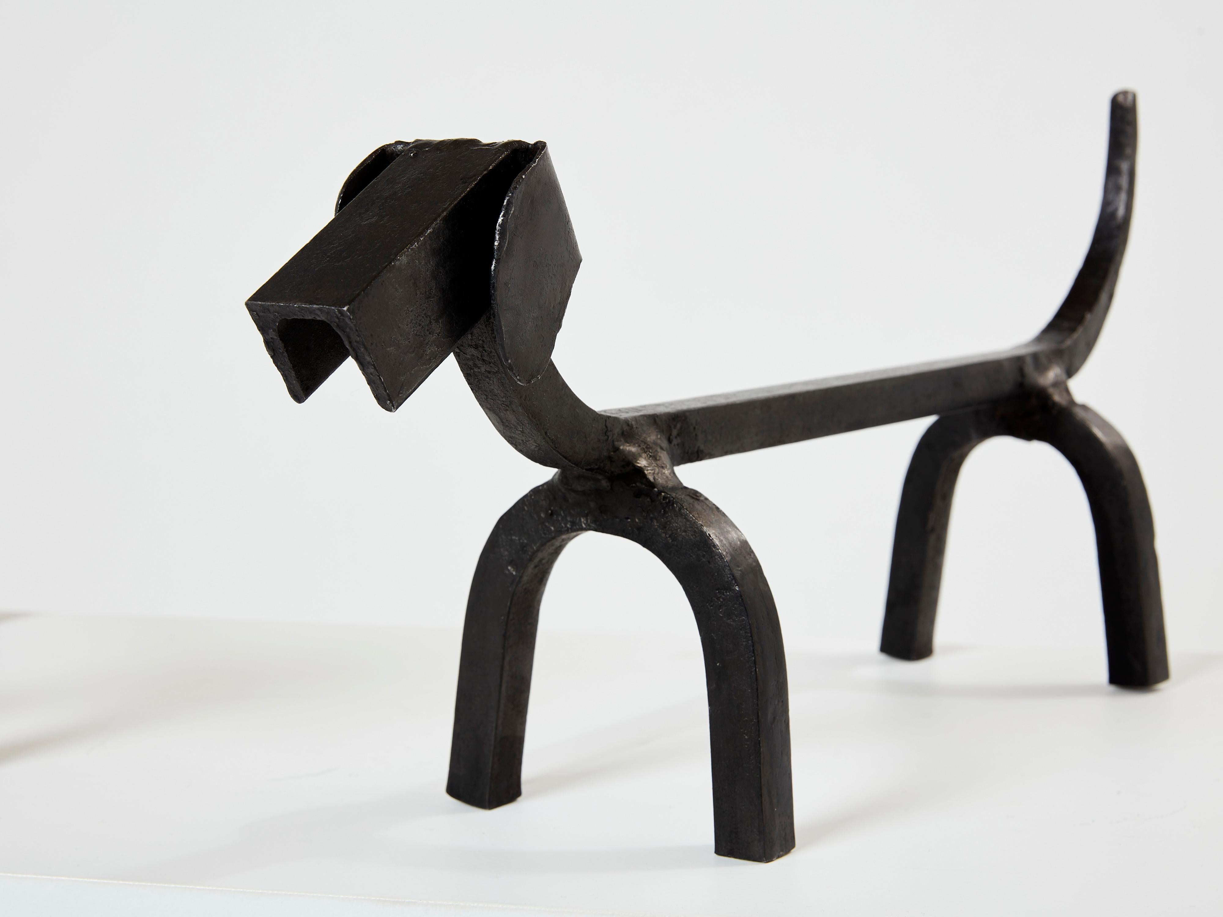 French Edouard Schenck Dog Dachshund Andirons Wrought Iron, 1950s For Sale
