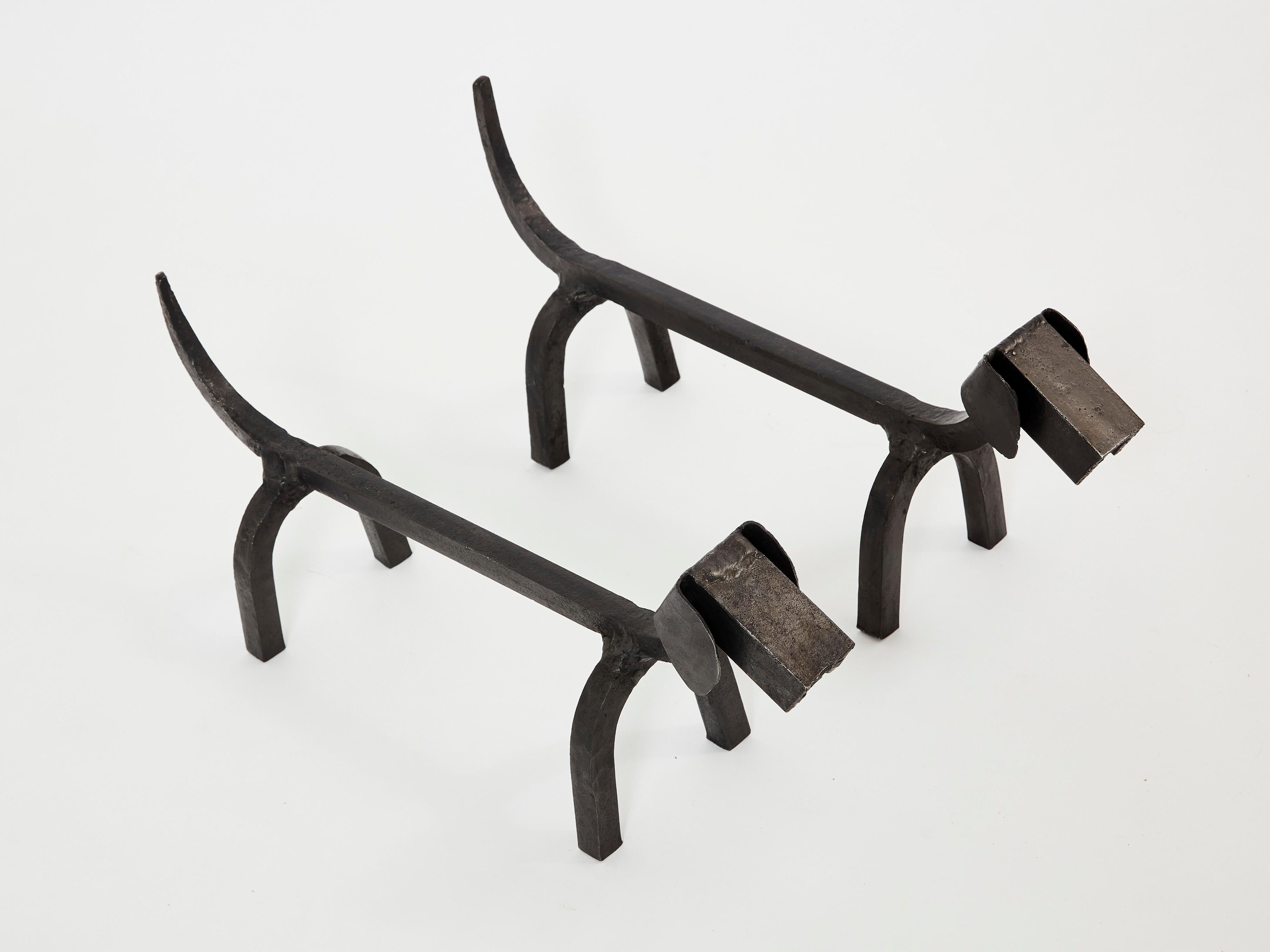 Edouard Schenck Dog Dachshund Andirons Wrought Iron, 1950s In Good Condition For Sale In Paris, IDF