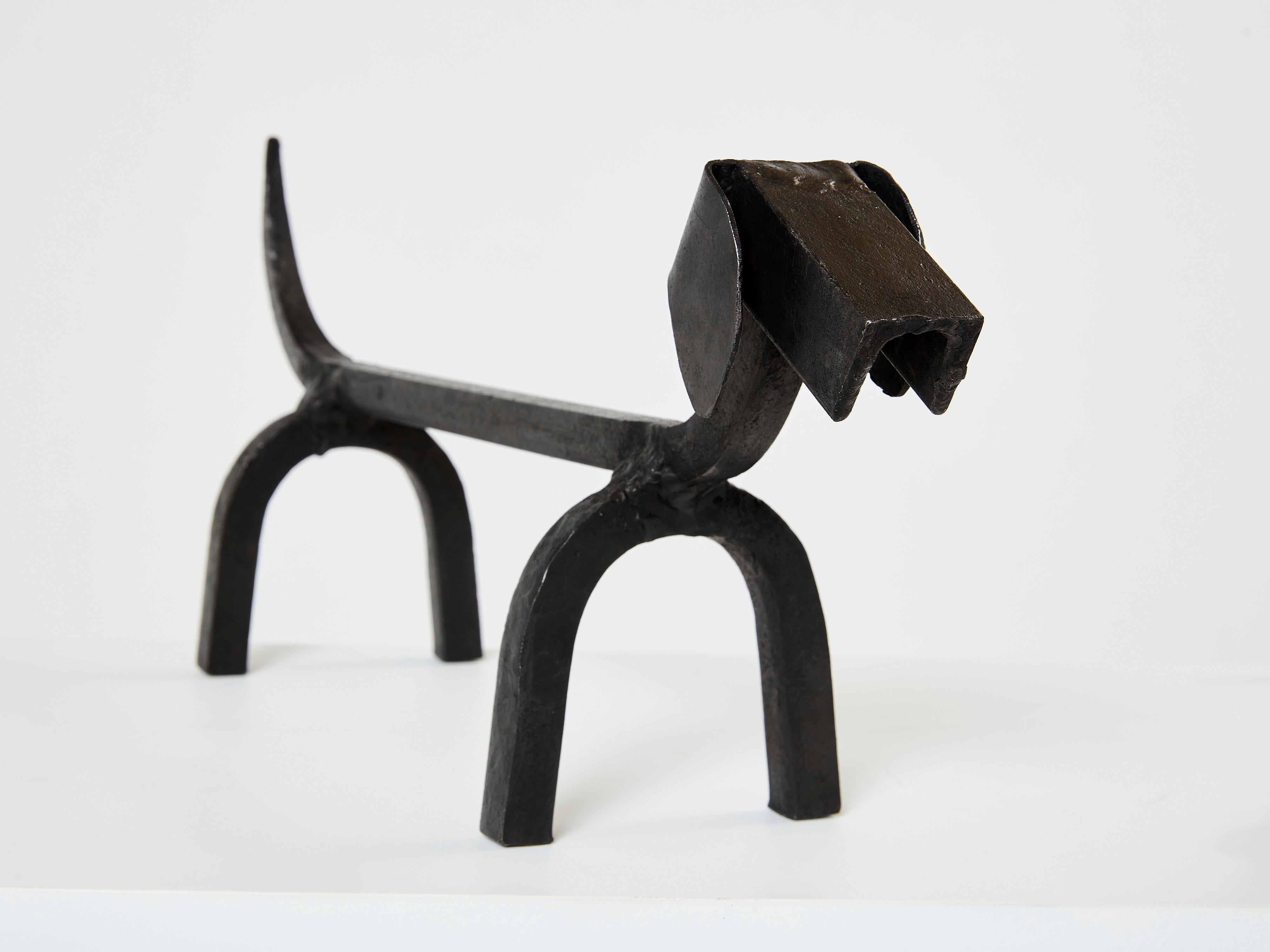 Edouard Schenck Dog Dachshund Andirons Wrought Iron, 1950s For Sale 2