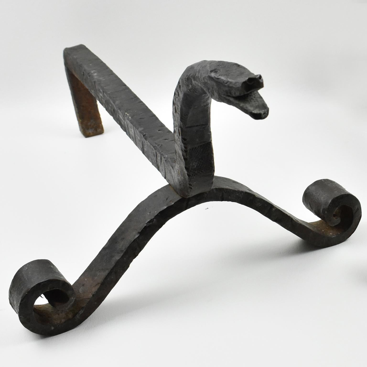Edouard Schenck Style Snake Head Wrought Iron Andirons 4