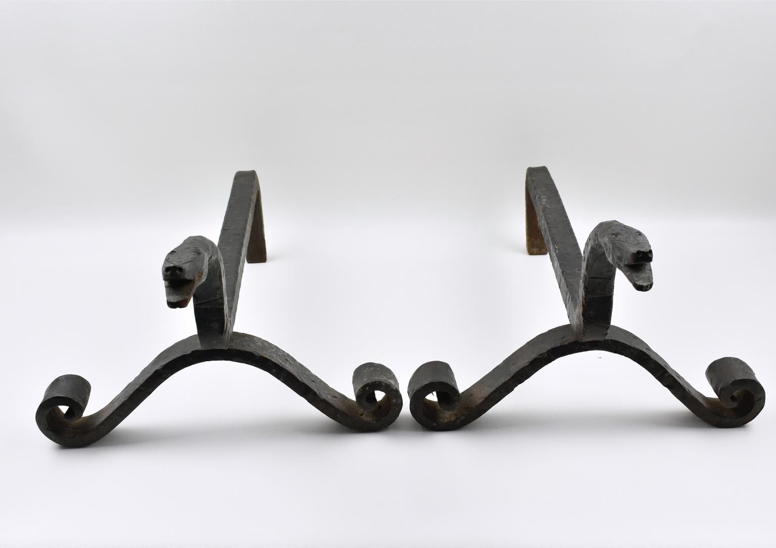 Arts and Crafts Edouard Schenck Style Snake Head Wrought Iron Andirons