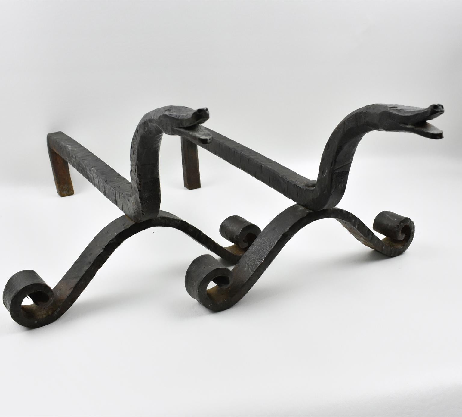 Edouard Schenck Style Snake Head Wrought Iron Andirons 1