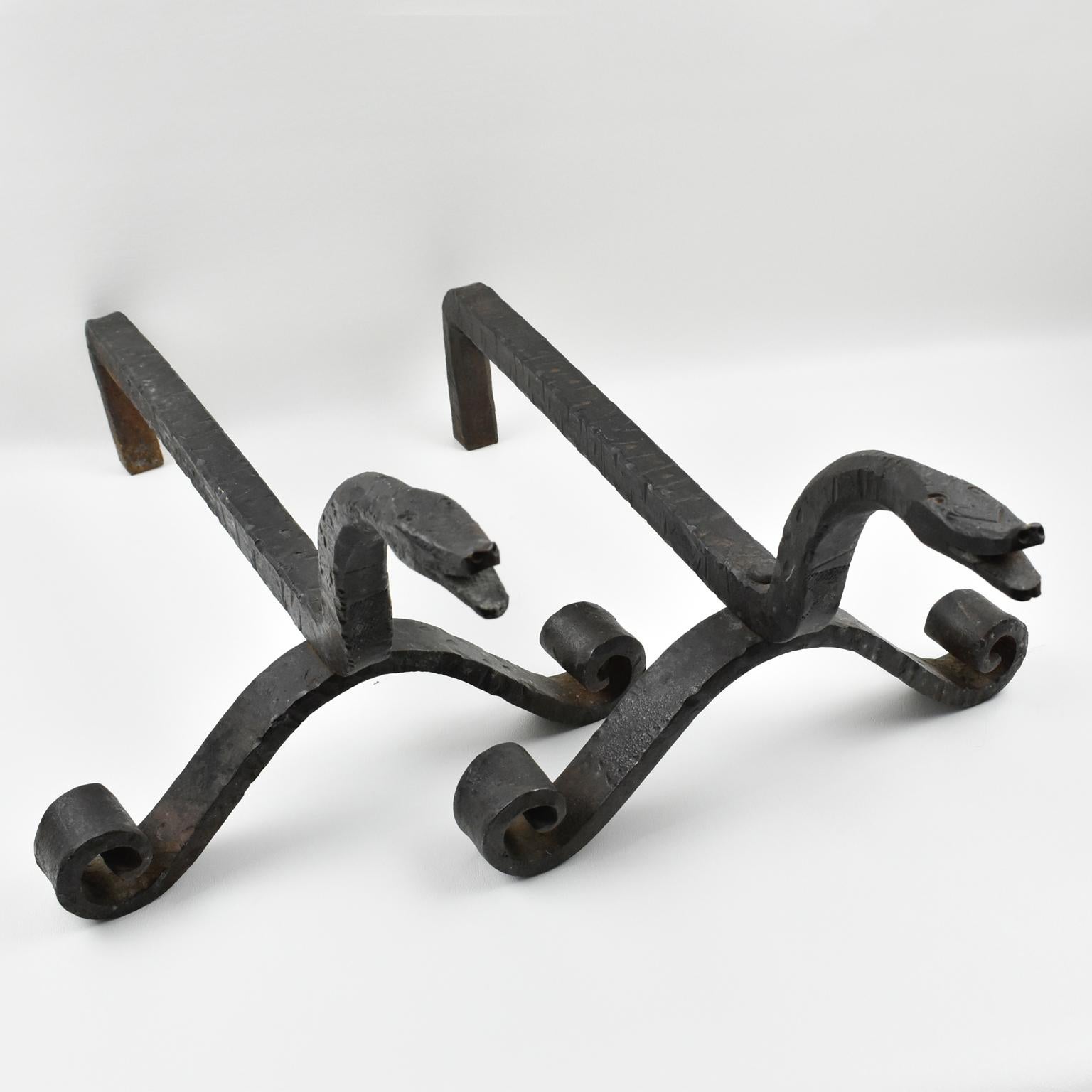 Edouard Schenck Style Snake Head Wrought Iron Andirons 2