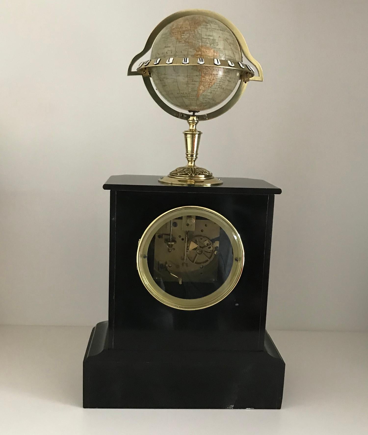Black Marble Moonphase Rotating Globe Clock, Edouard Serin, Paris, circa 1880 In Good Condition For Sale In Melbourne, Victoria