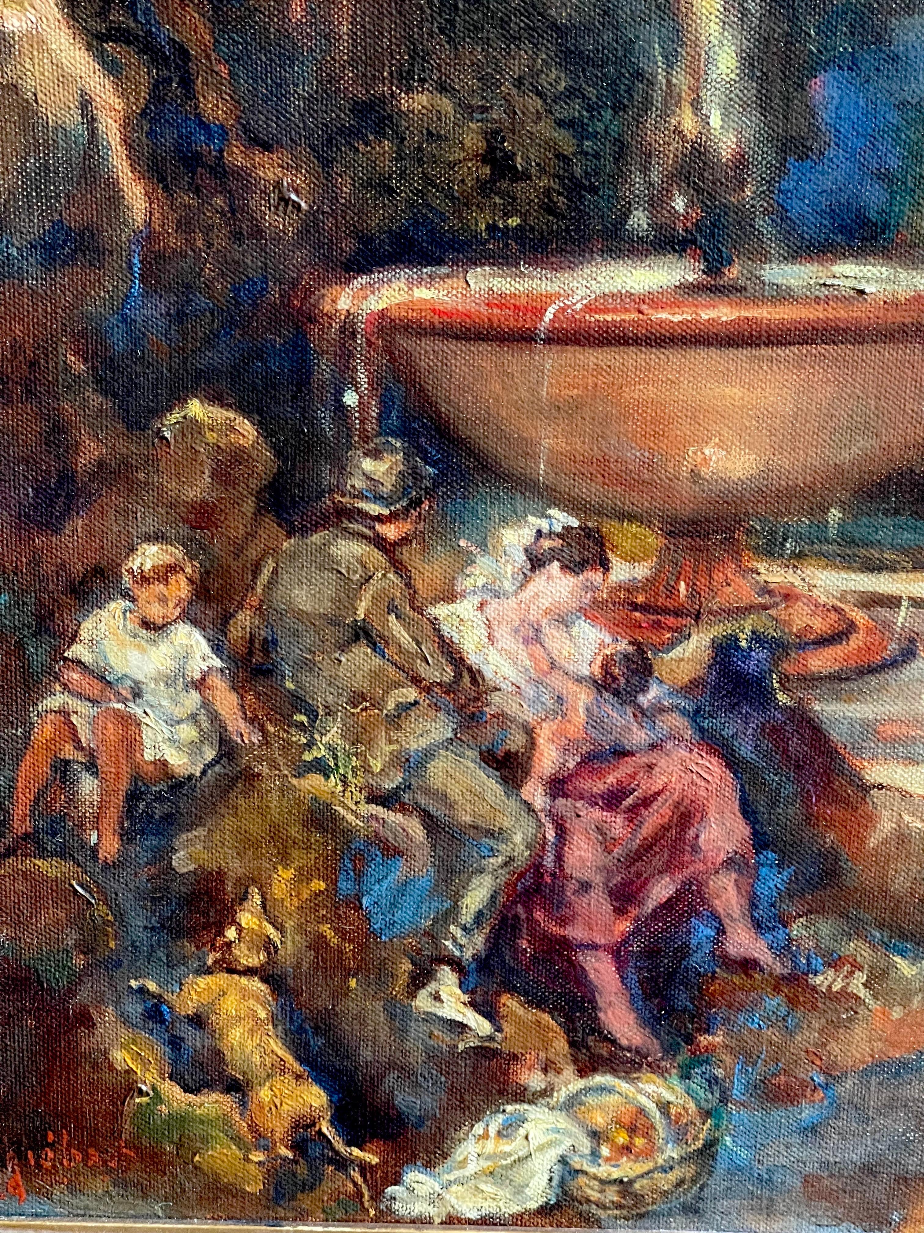 Olio romantico post-impressionista - Riunione di famiglia nel parco nel 1929 - Painting Romantico di Edouard Thiébaut