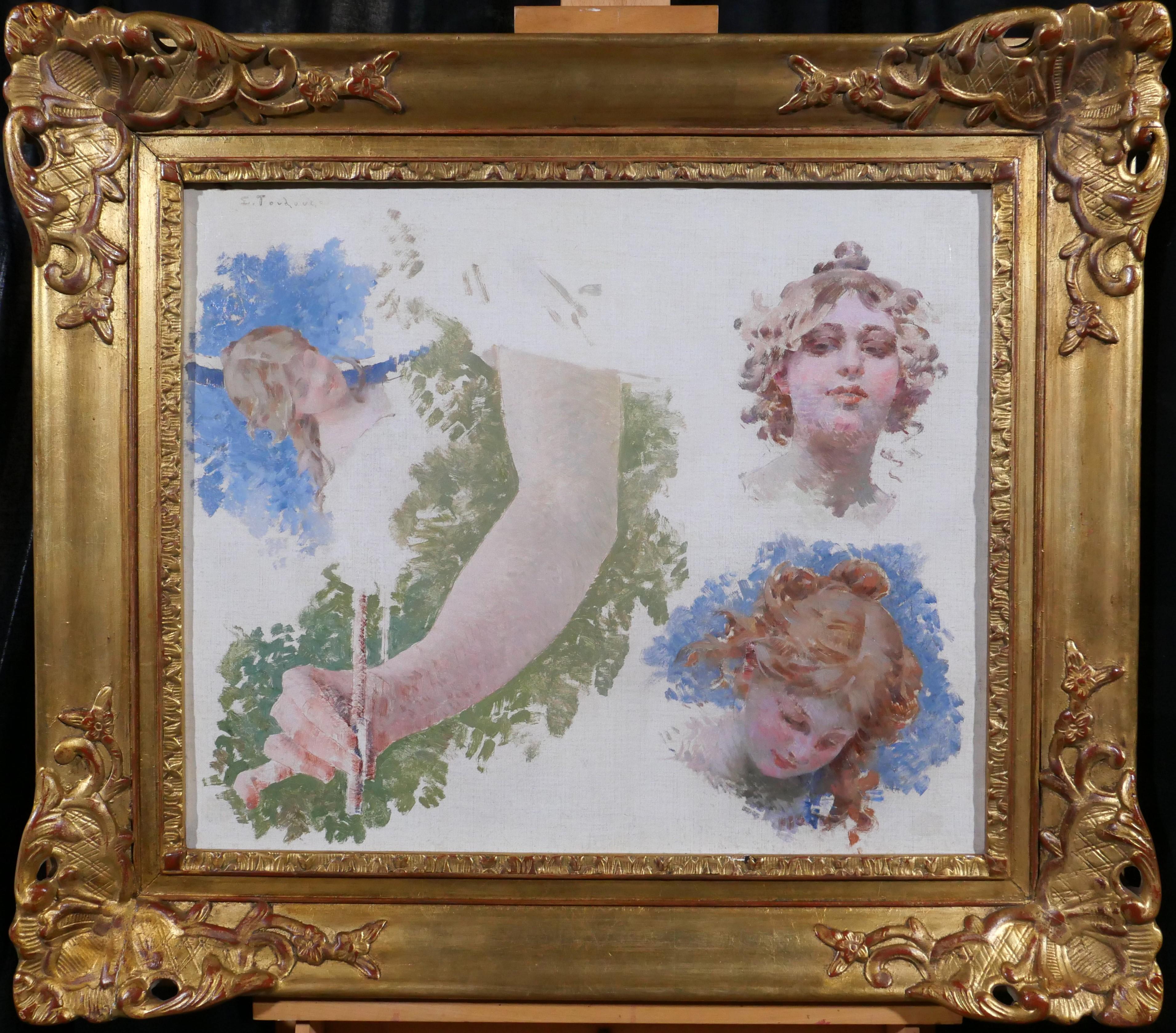 Études de trois têtes et un bras pour l' allégorie de la musique, Paris, opéra - Painting de Edouard Toudouze