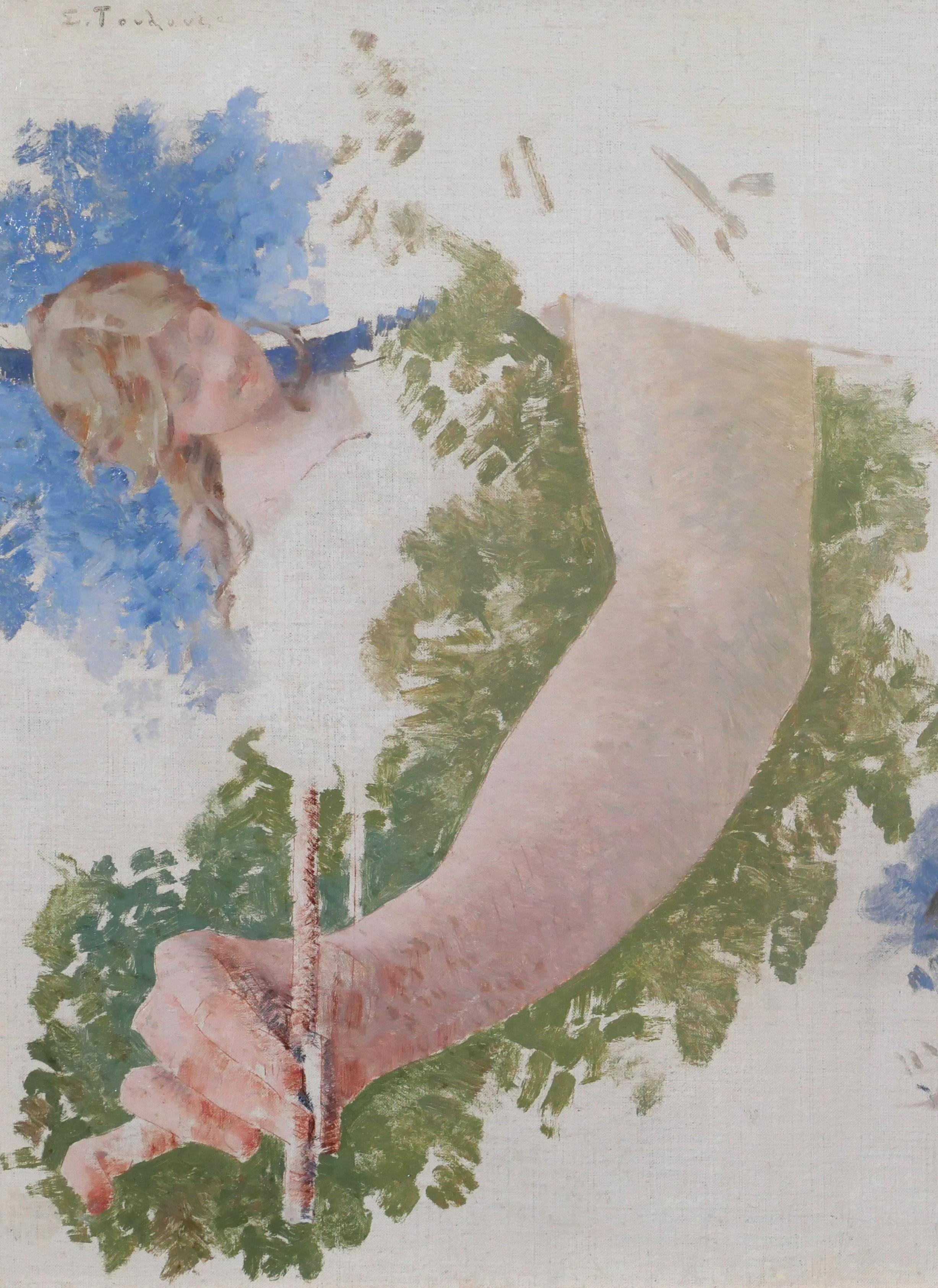 Études de trois têtes et un bras pour l' allégorie de la musique, Paris, opéra - Art nouveau Painting par Edouard Toudouze