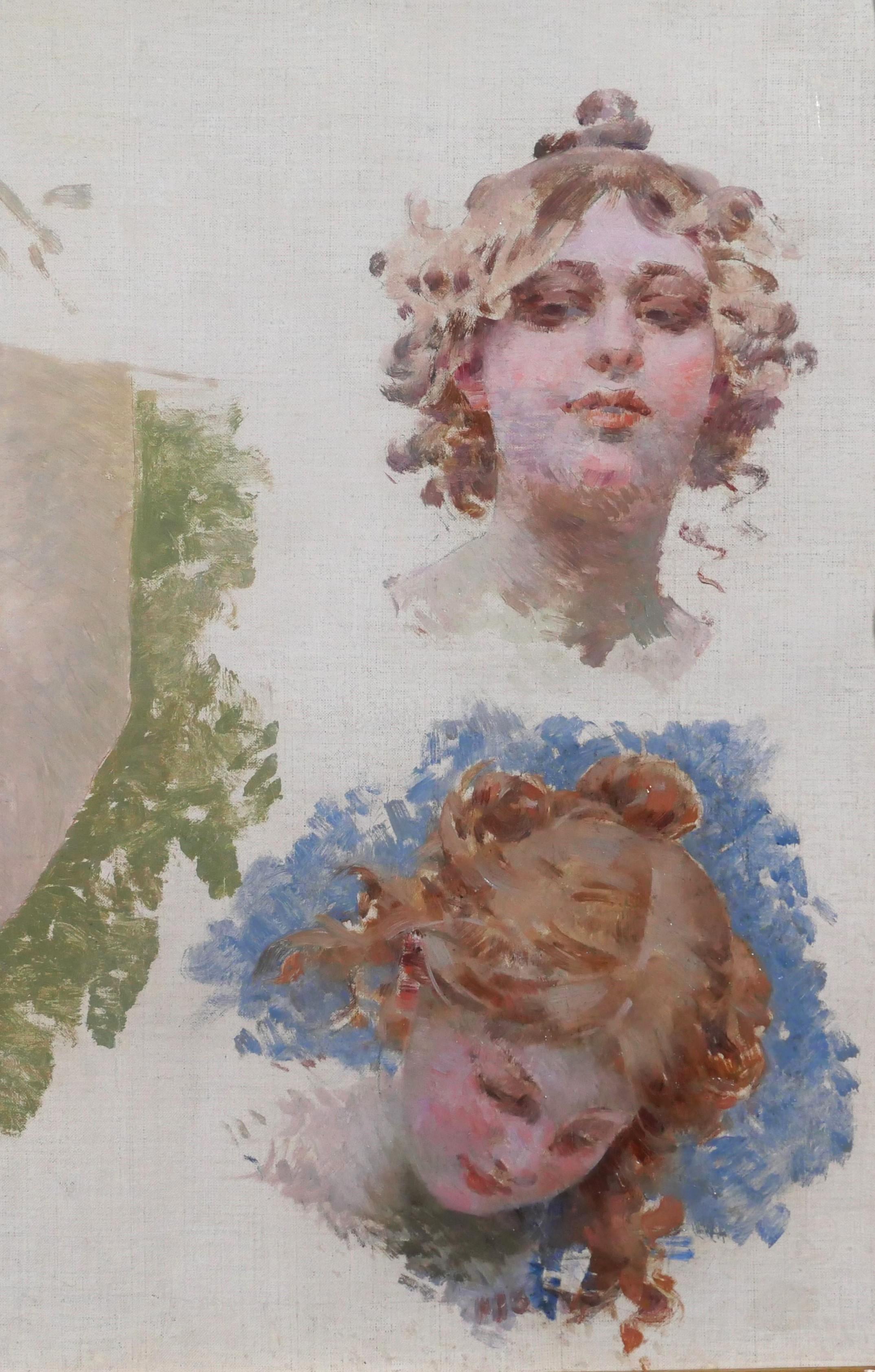 Edouard TOUDOUZE
Paris, 1848 - Paris, 1907
Etudes de trois têtes de femmes et d'un bras pour l'allégorie de la musique pour une rotonde du foyer Favard de l'Opéra Comique (Paris)
Peinture, huile sur toile
Signé en haut à gauche
Peinture : 55 x 46