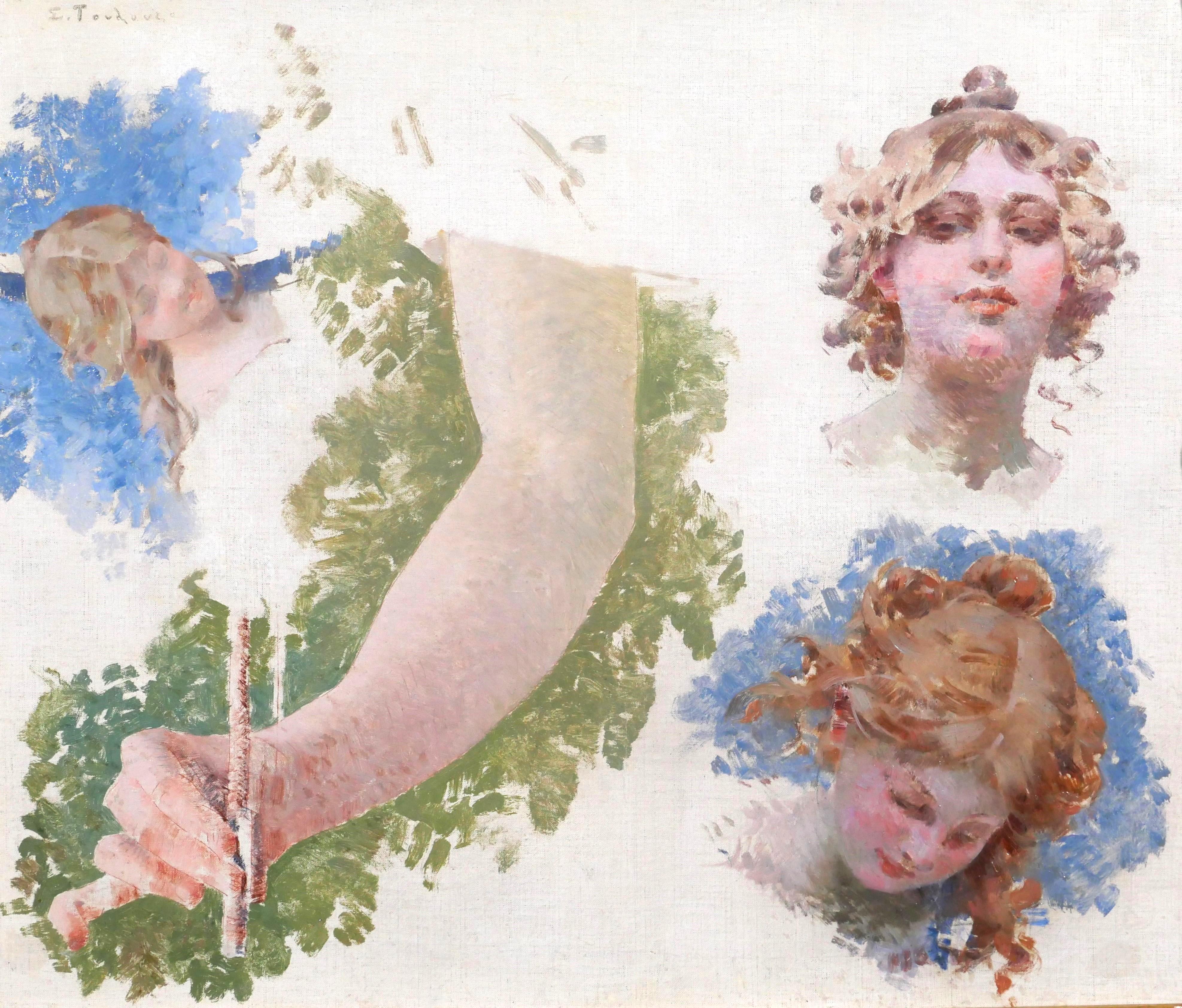 Figurative Painting Edouard Toudouze - Études de trois têtes et un bras pour l' allégorie de la musique, Paris, opéra