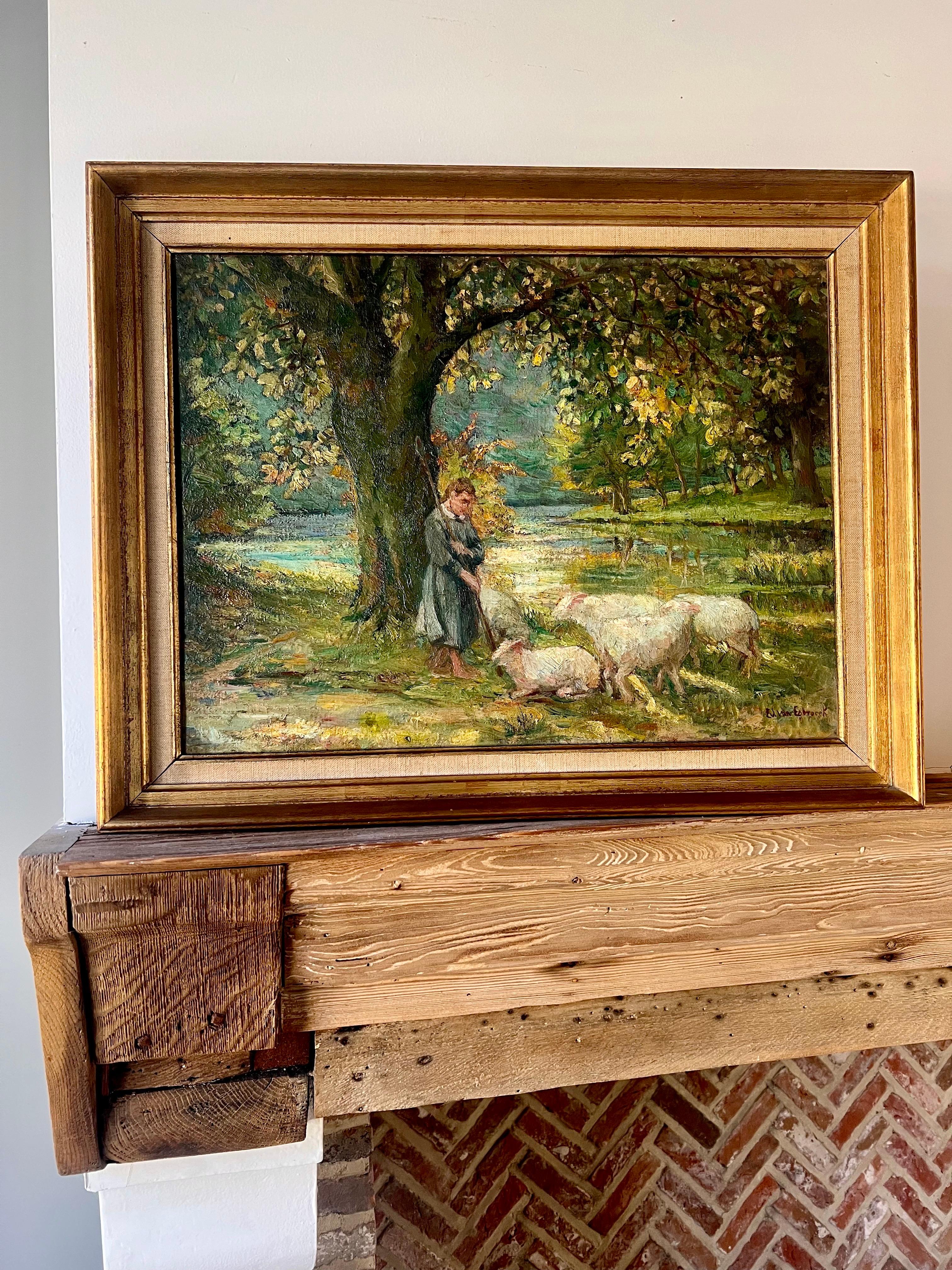 Tableau impressionniste du 19e siècle - L'été à la campagne, une bergère  - Painting de Edouard Van Esbroeck
